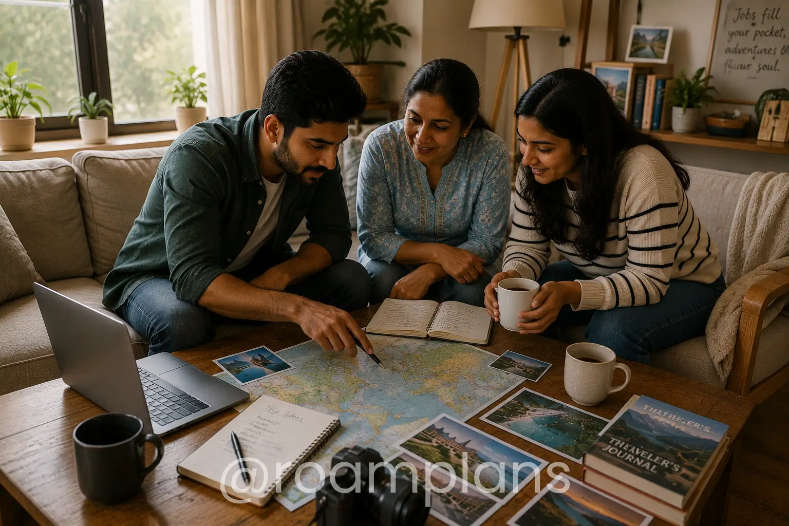 Travel companions discussing destination options together
