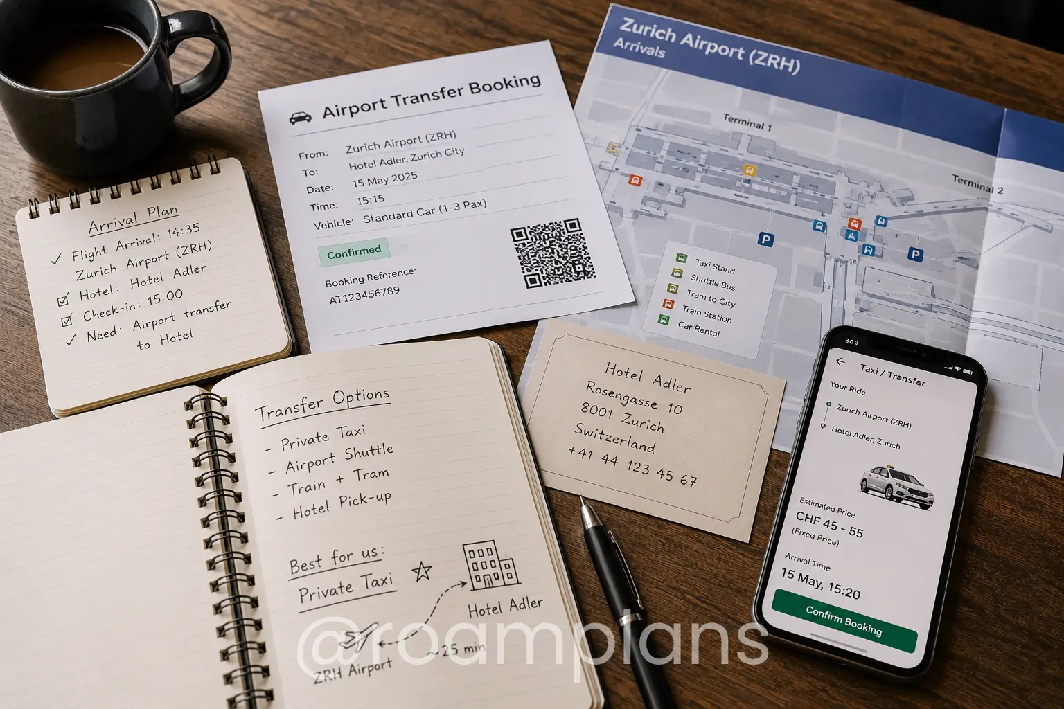 Traveler arranging an airport transfer after confirming flight details