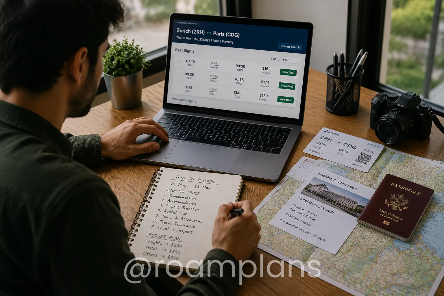 Traveler booking flights or long-distance transportation first