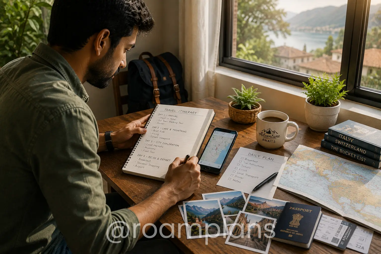 Traveler building a realistic day-by-day itinerary with a map and notebook