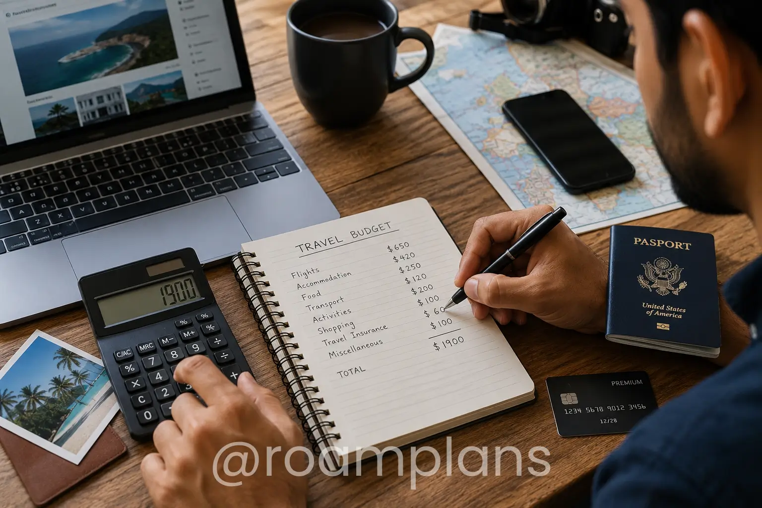 Traveler calculating a first trip budget before booking