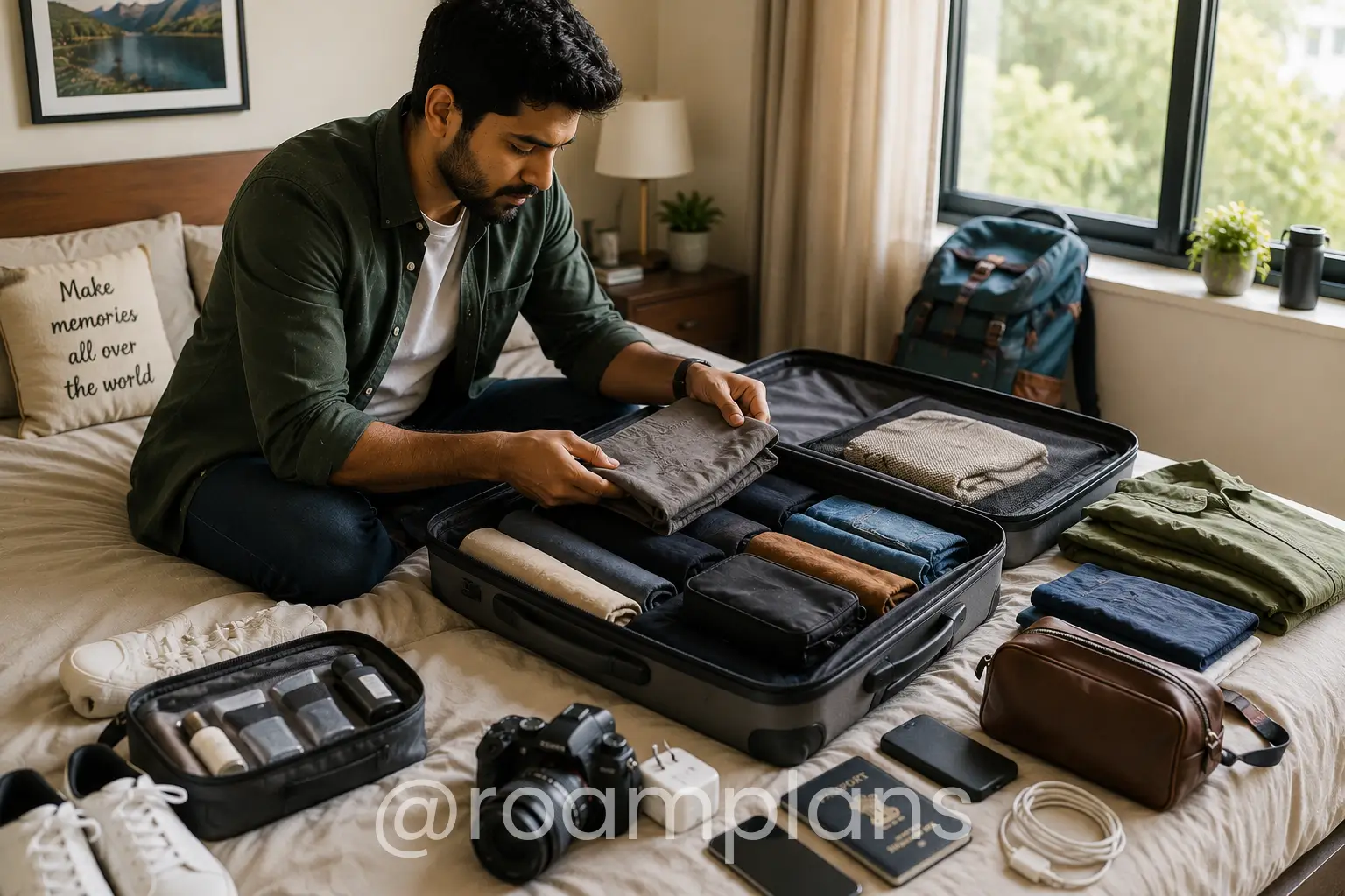 Traveler checking clothing, documents, electronics, and toiletries before packing