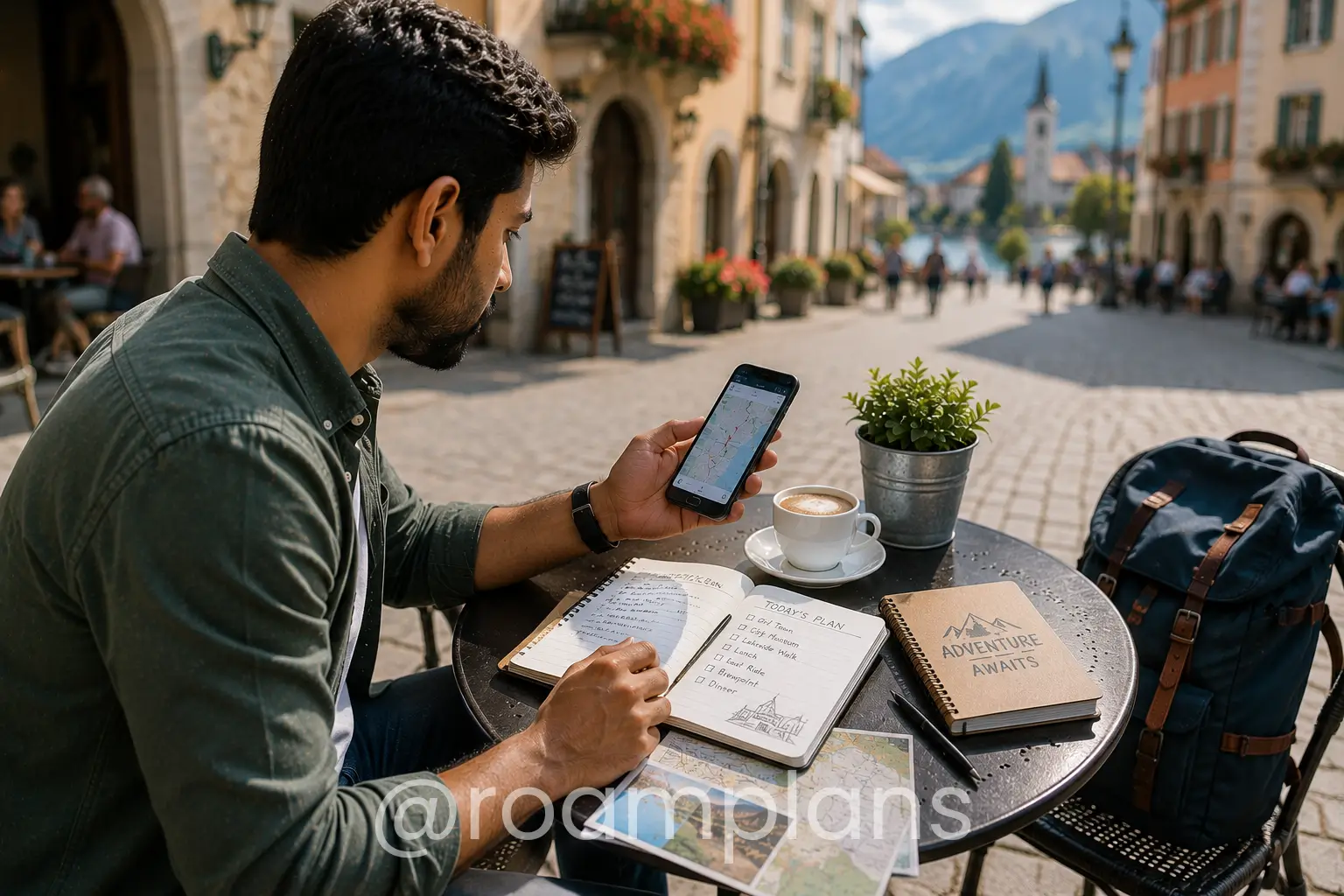 Traveler checking the day’s reservations and route on a phone during a trip