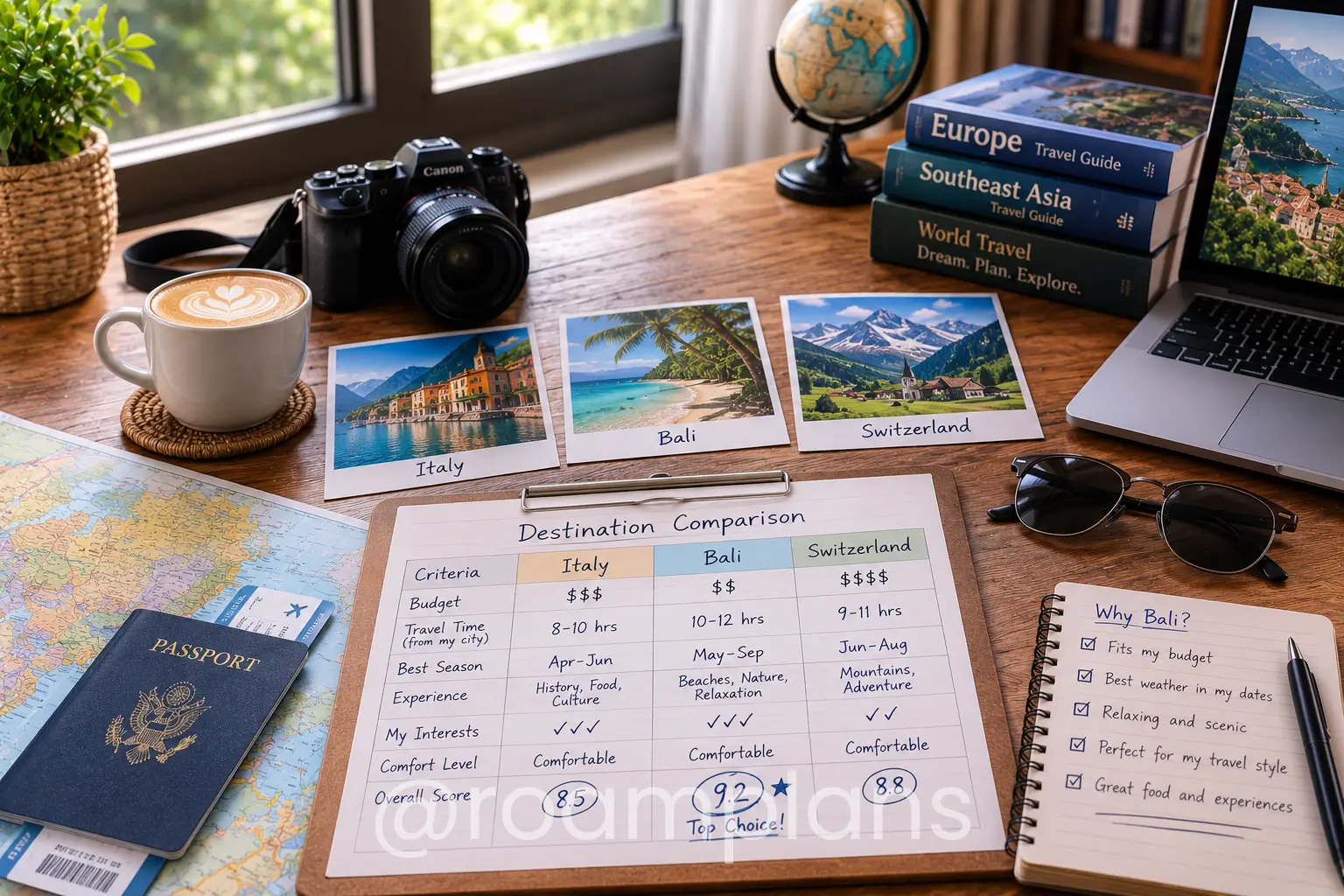 Traveler checking weather, seasons, and local events for possible destinations