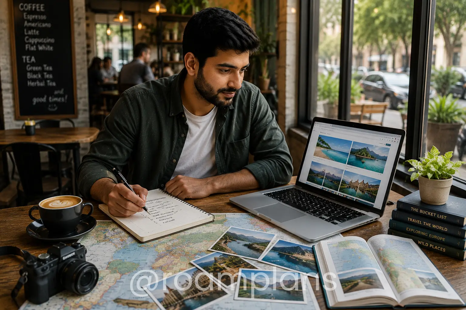 Traveler comparing destination options using a map and laptop