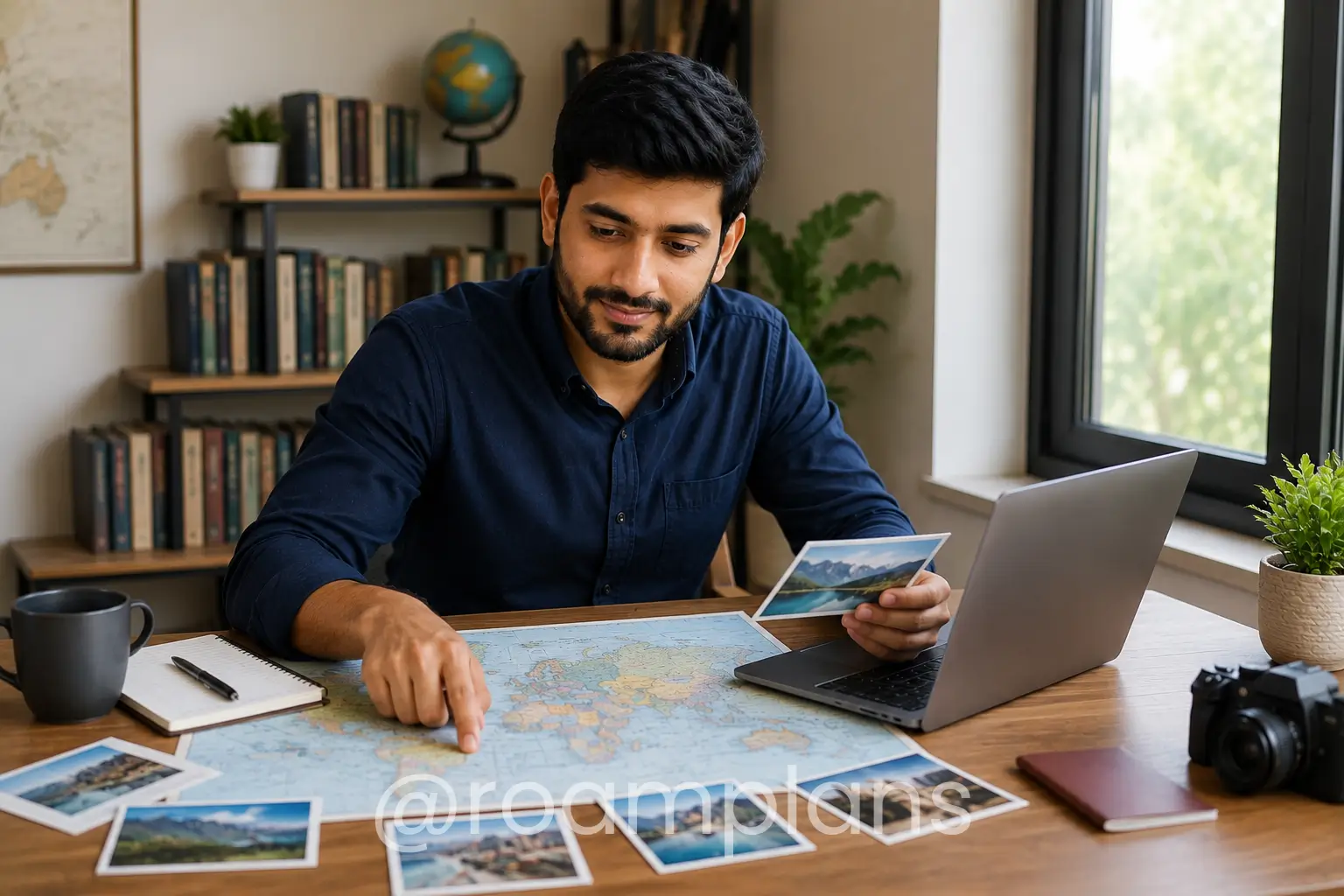Traveler comparing destinations with a map, laptop, and travel photographs