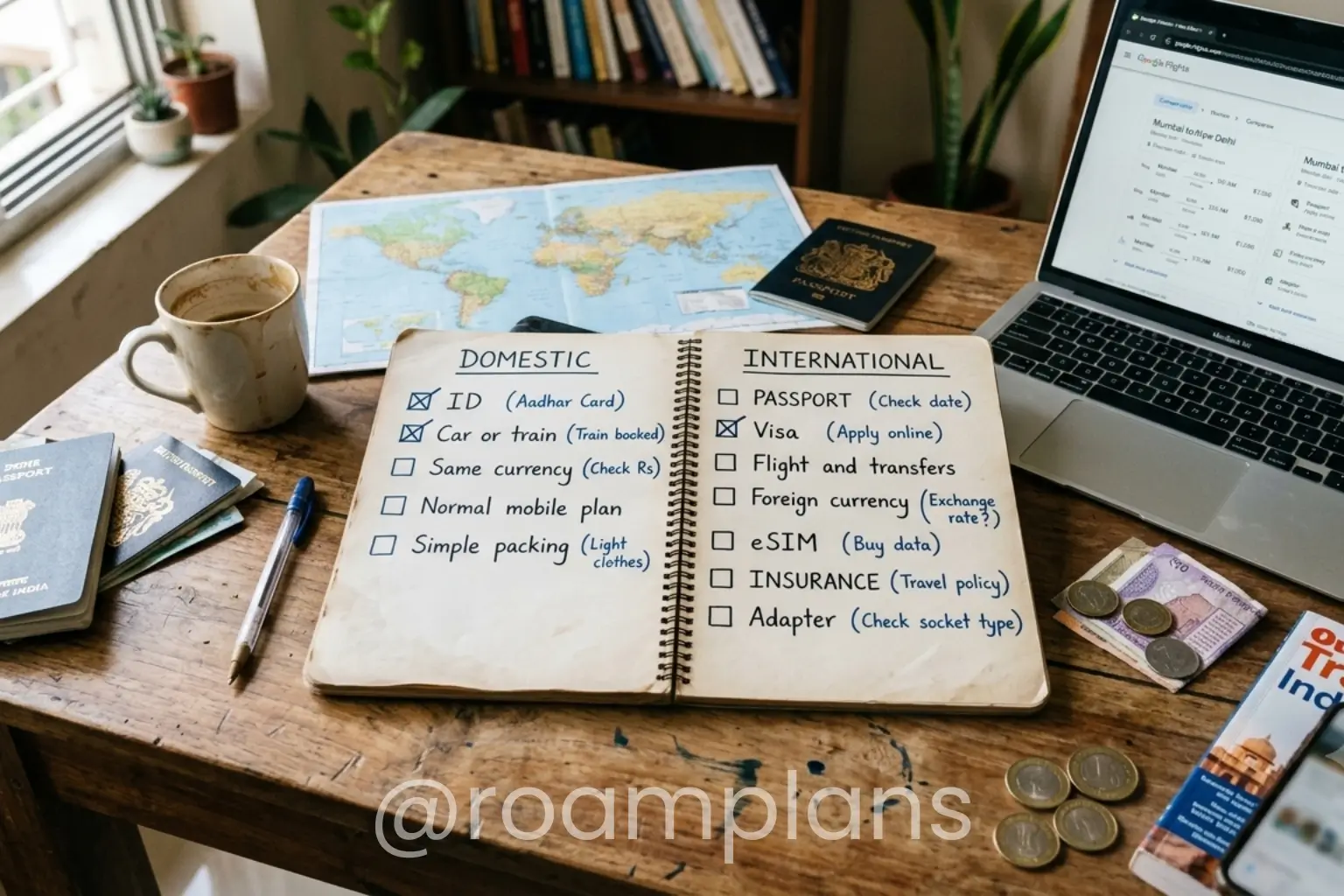 Traveler comparing domestic and international trip planning requirements side by side