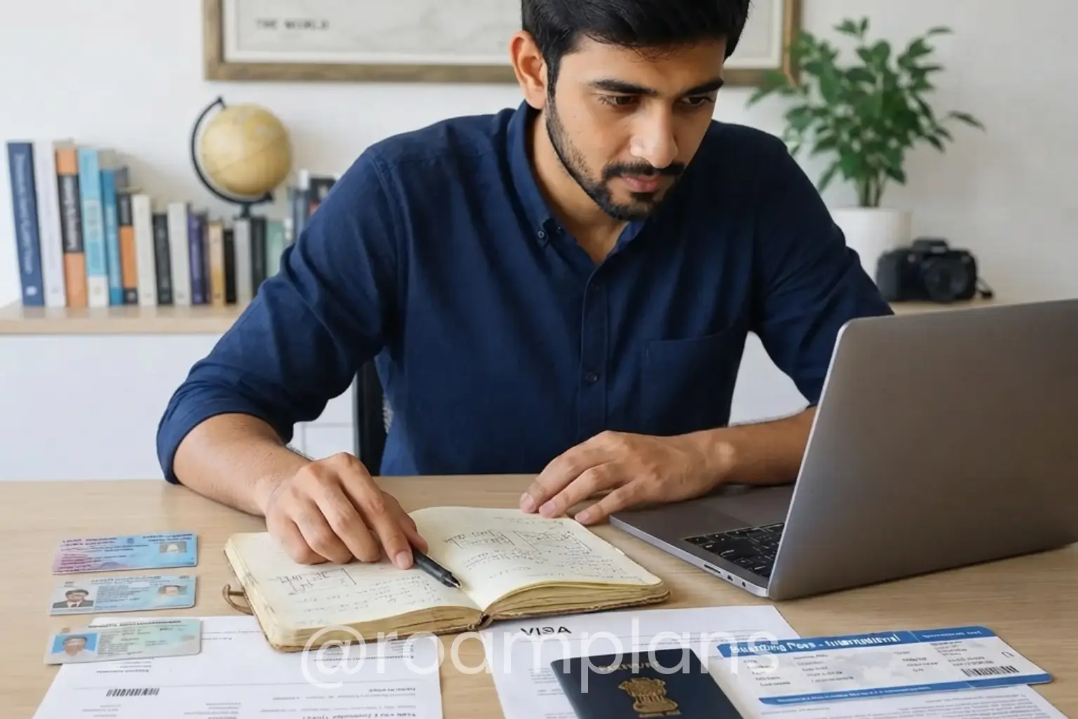 Traveler comparing domestic identification with passport and visa documents