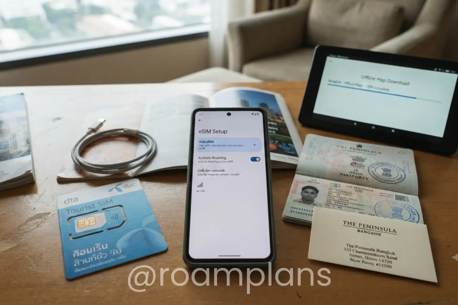 Traveler comparing domestic mobile service with roaming, eSIM, and local SIM options