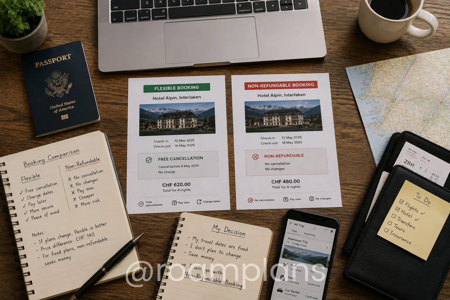 Traveler comparing flexible and non-refundable travel booking options