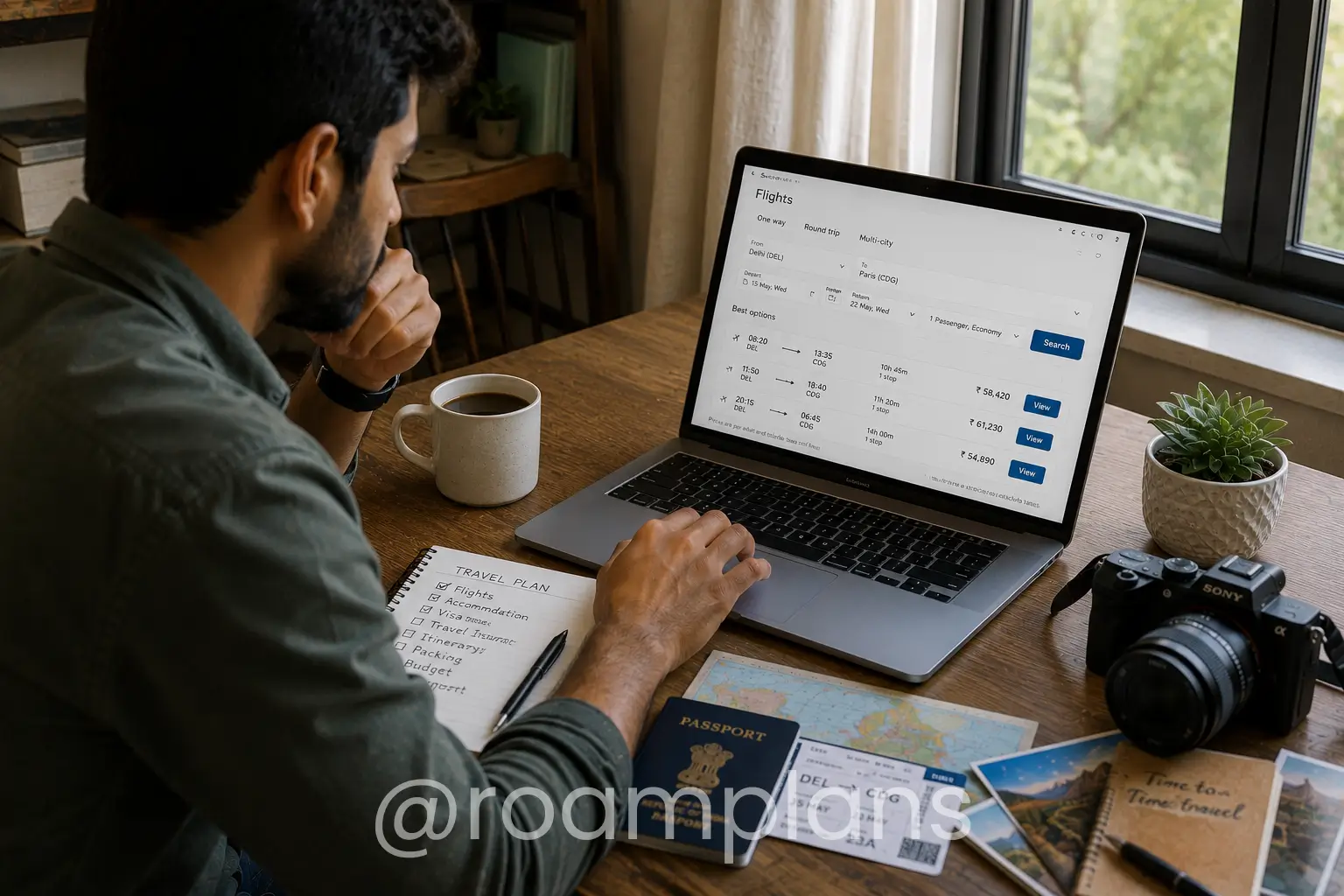 Traveler comparing flight routes and baggage rules before booking