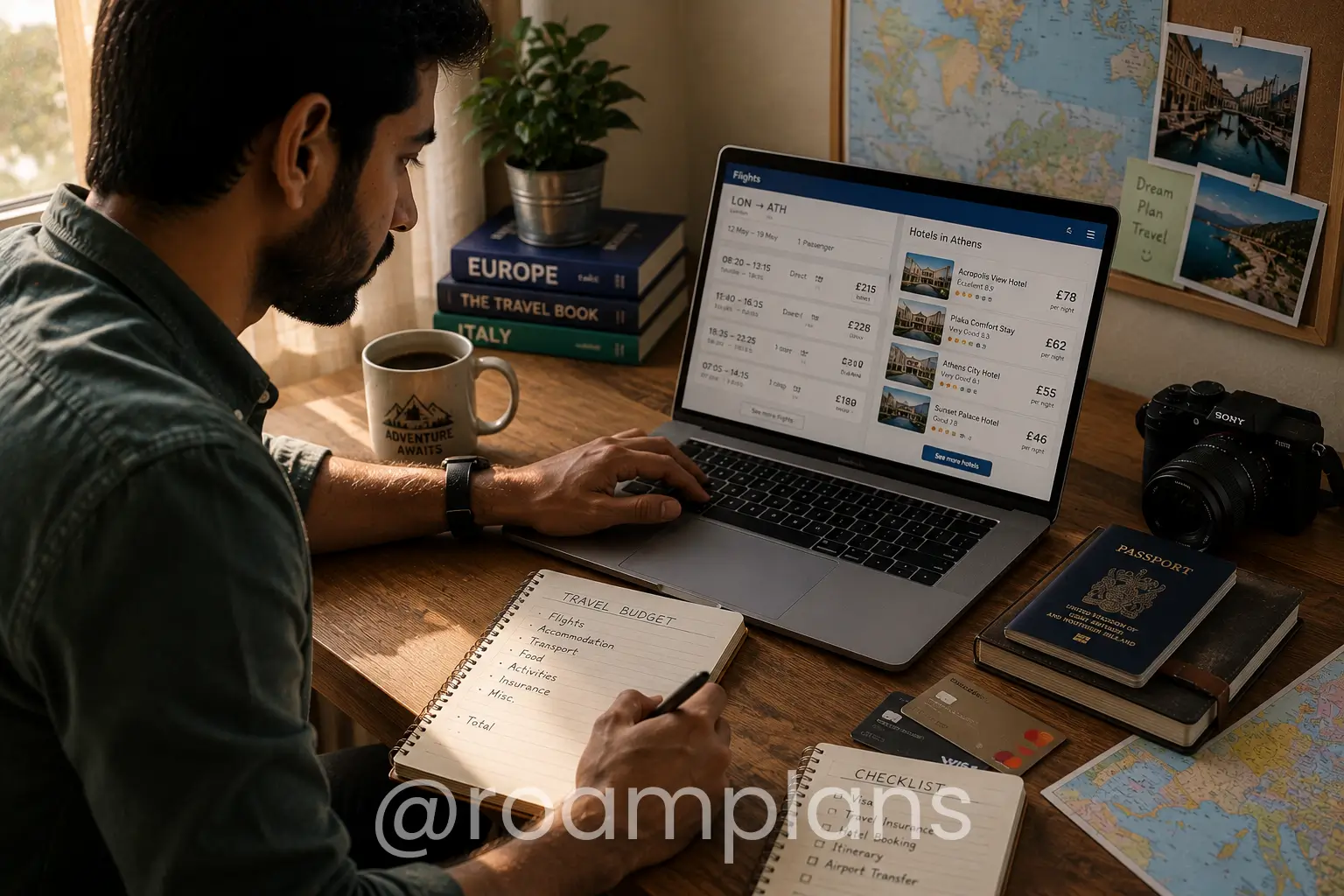 Traveler comparing flights and accommodation several months before departure