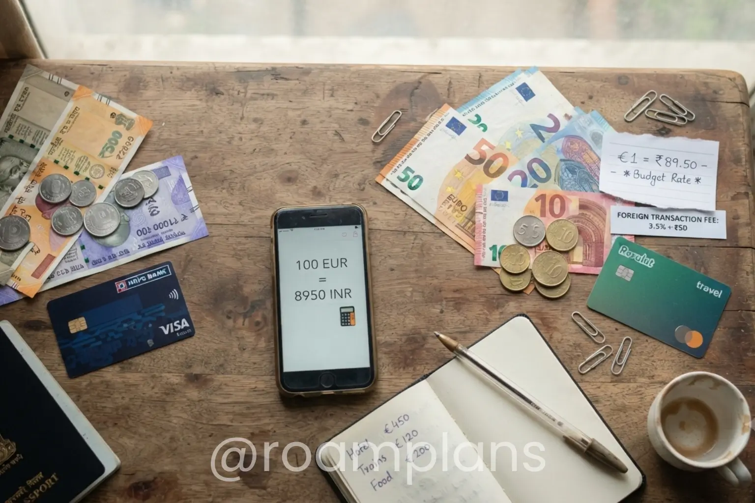 Traveler comparing local currency with foreign money and payment cards