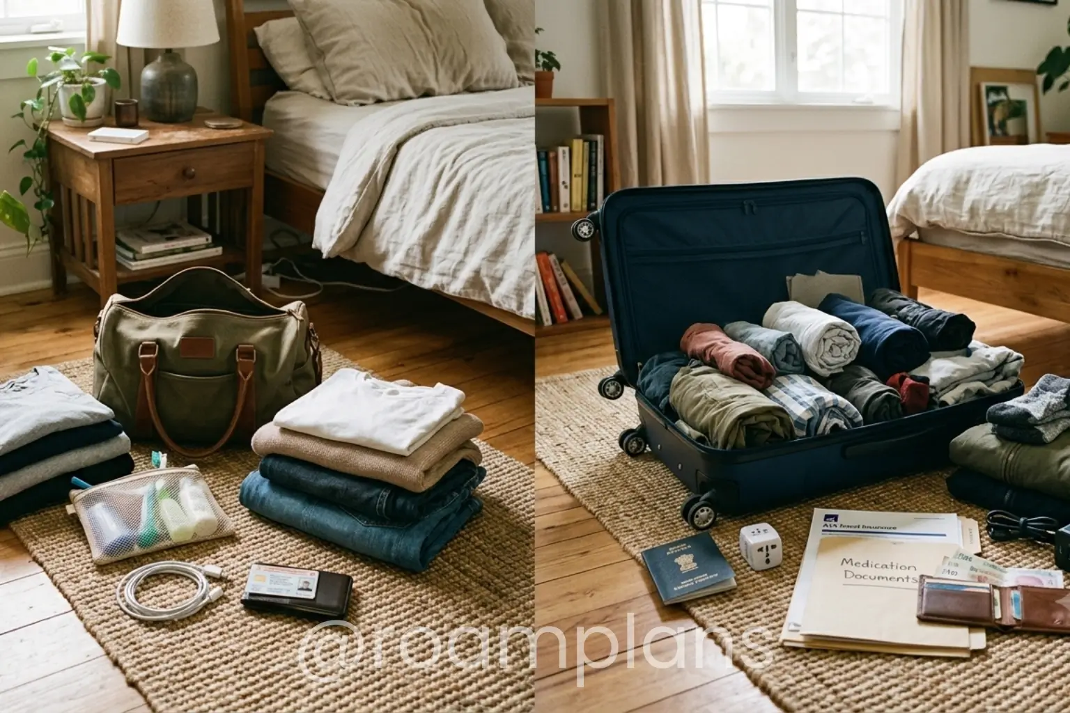 Traveler comparing simple domestic packing with international travel essentials