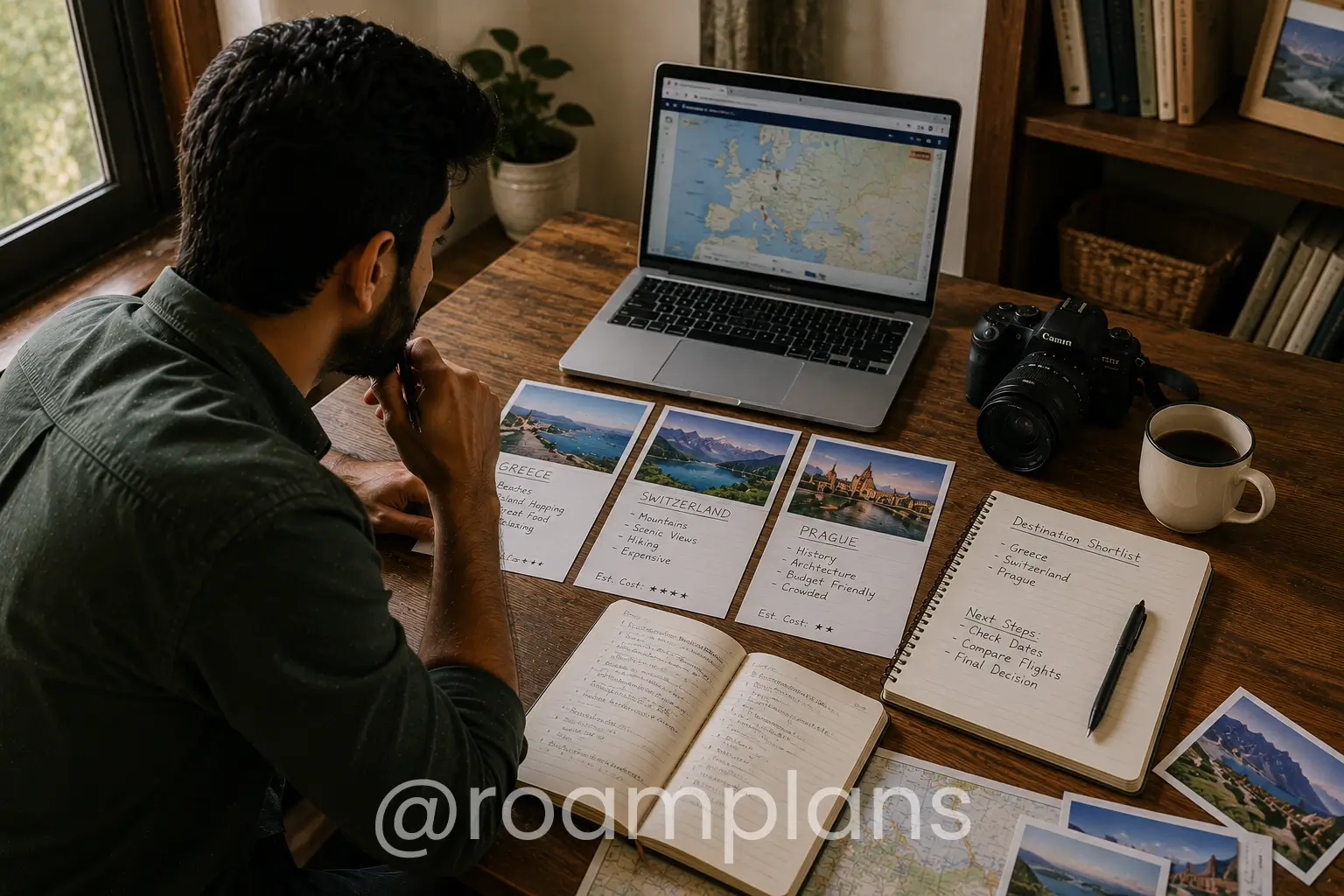 Traveler creating a shortlist of possible destinations using a map and laptop