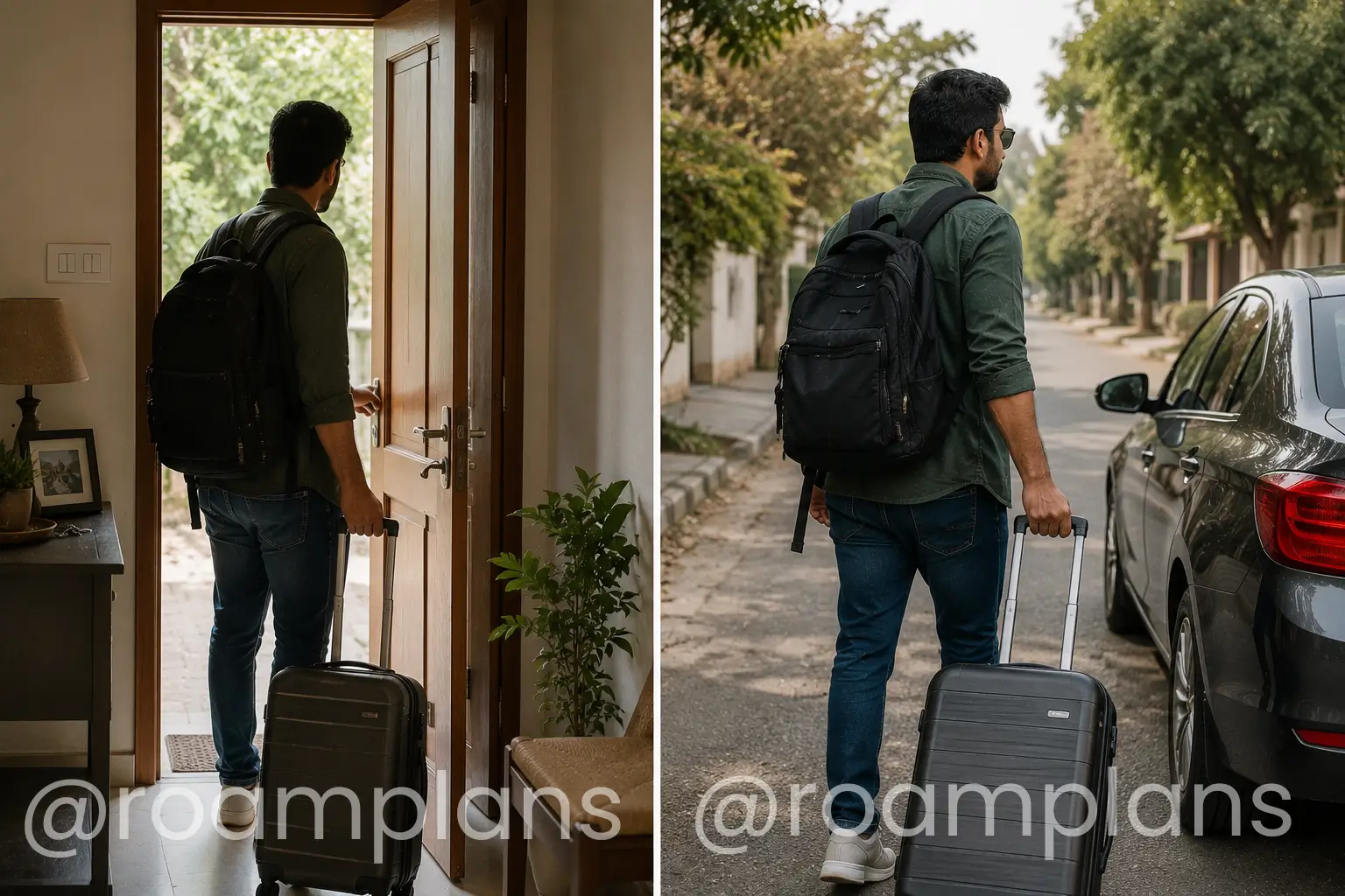 Traveler leaving home with luggage on departure day