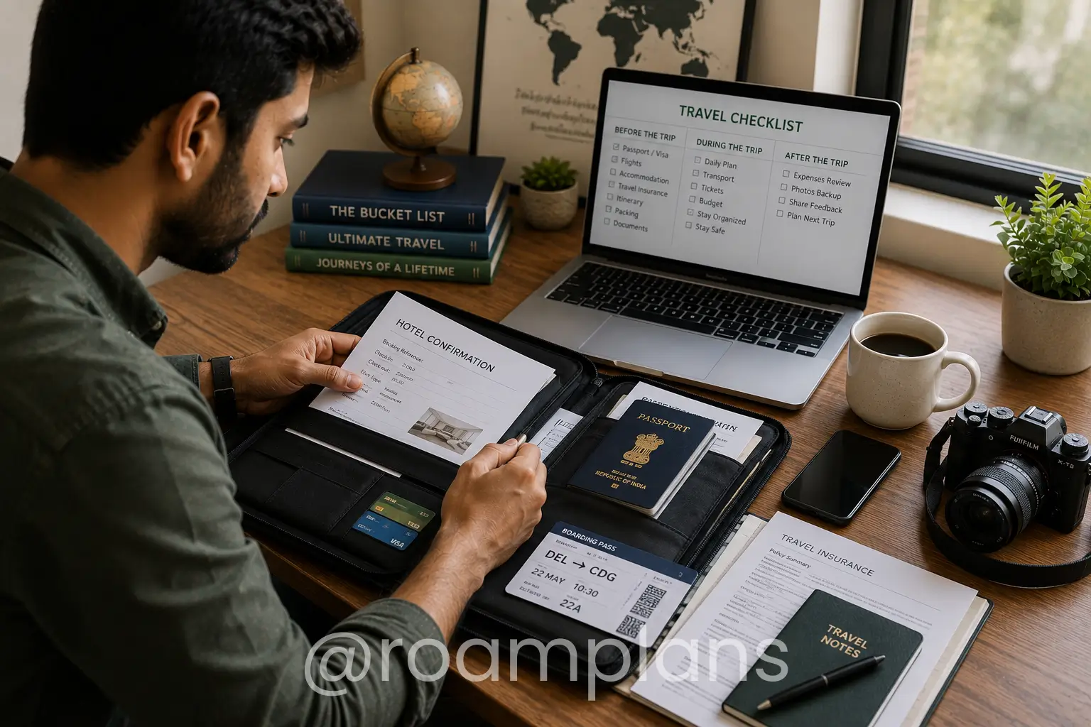 Traveler organizing passport copies, booking confirmations, and tickets in one folder