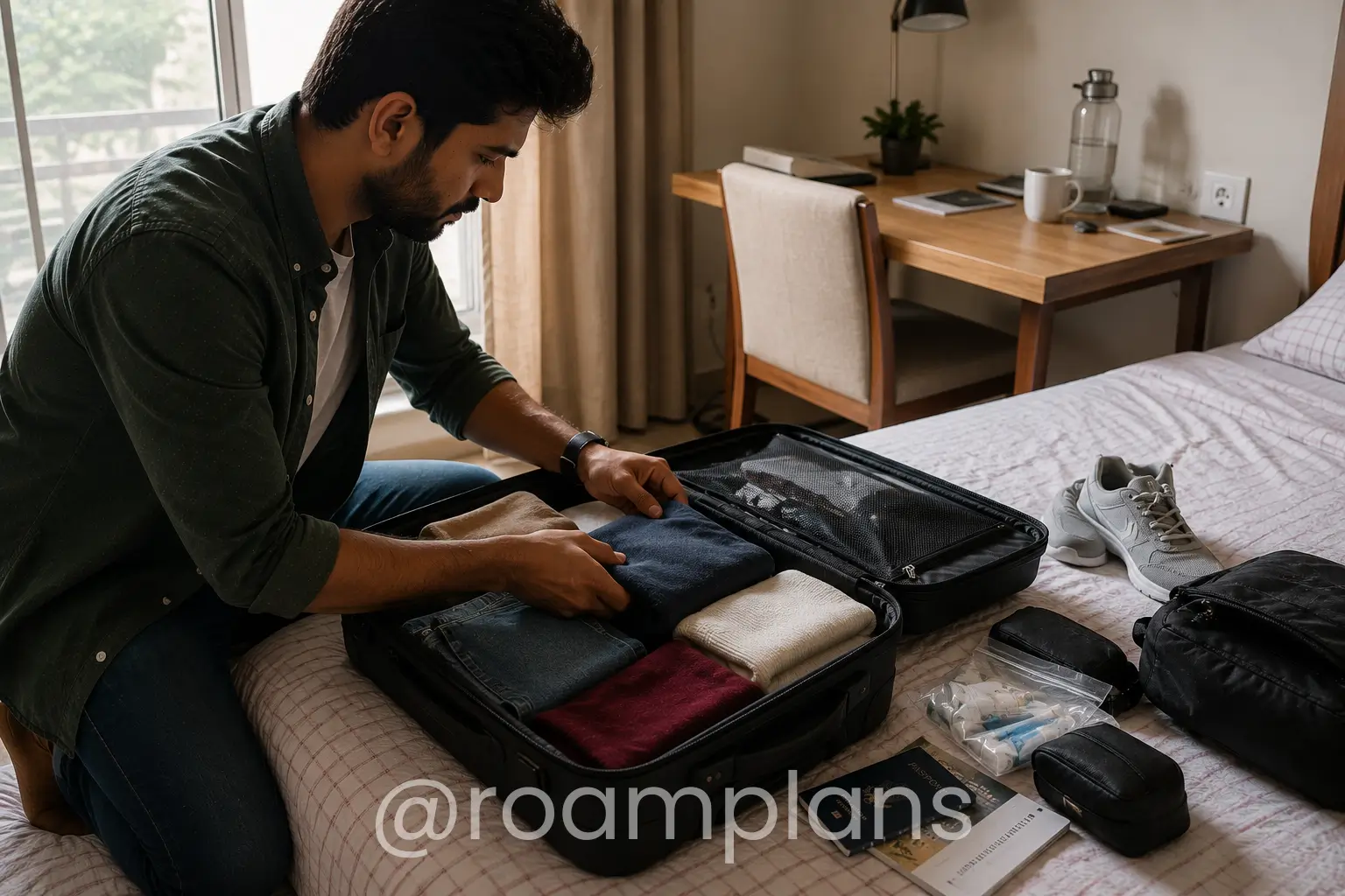 Traveler organizing travel insurance, payment cards, packing list, and documents