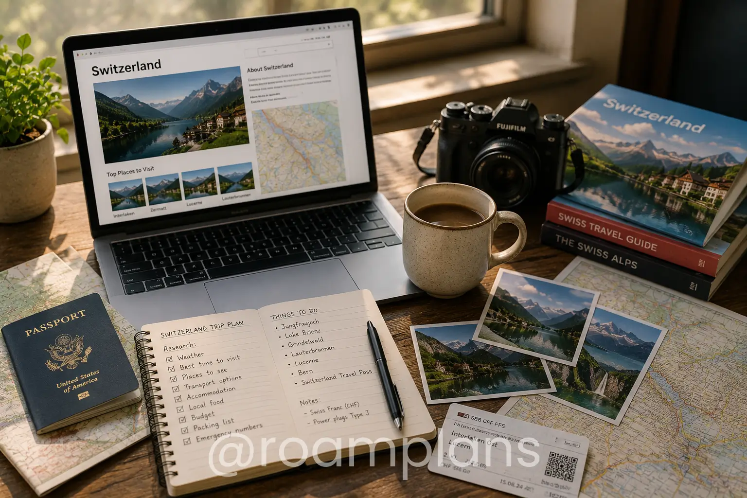 Traveler researching basic destination information on a laptop and notebook