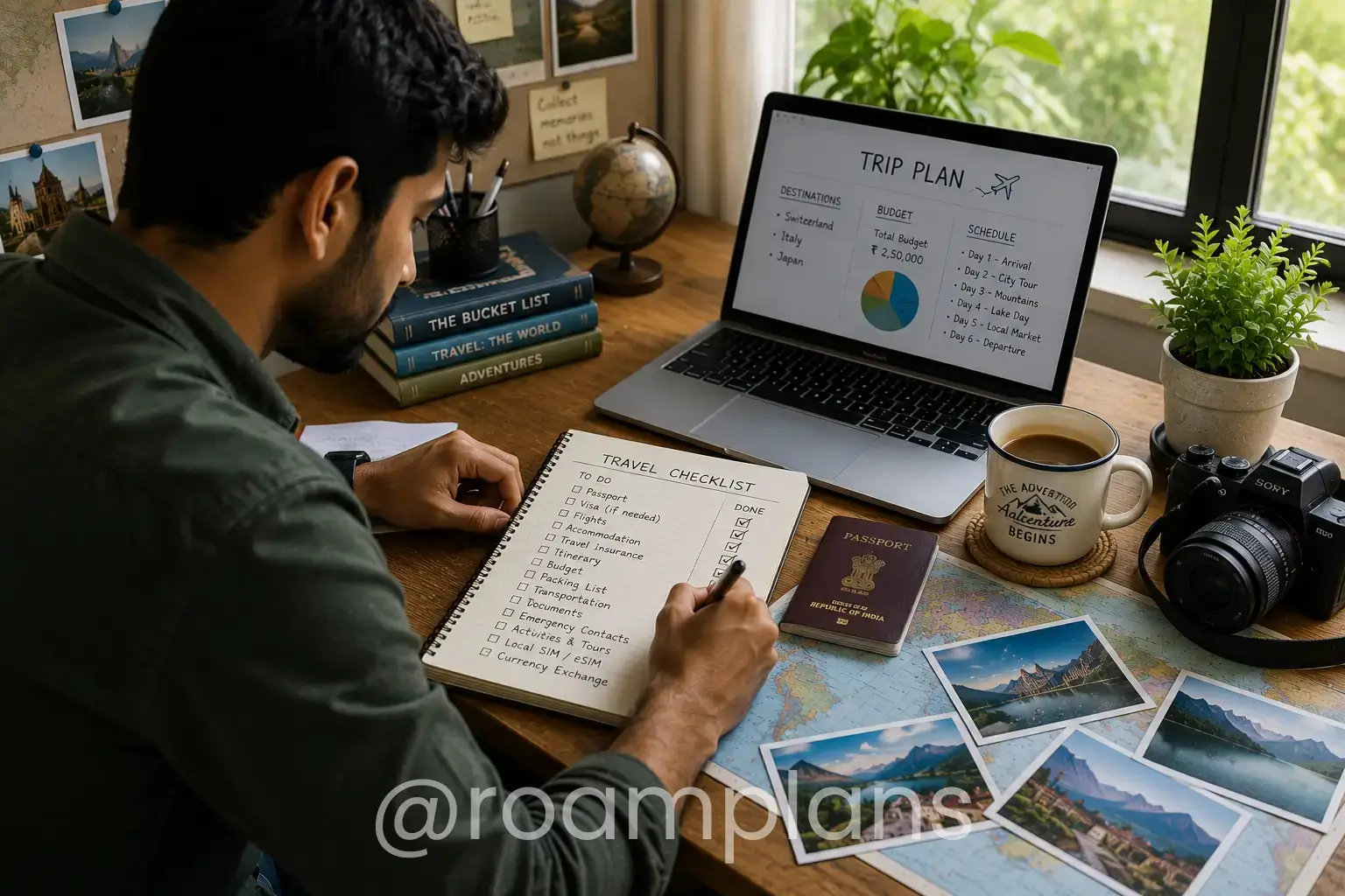 Traveler reviewing a complete travel planning checklist at a desk