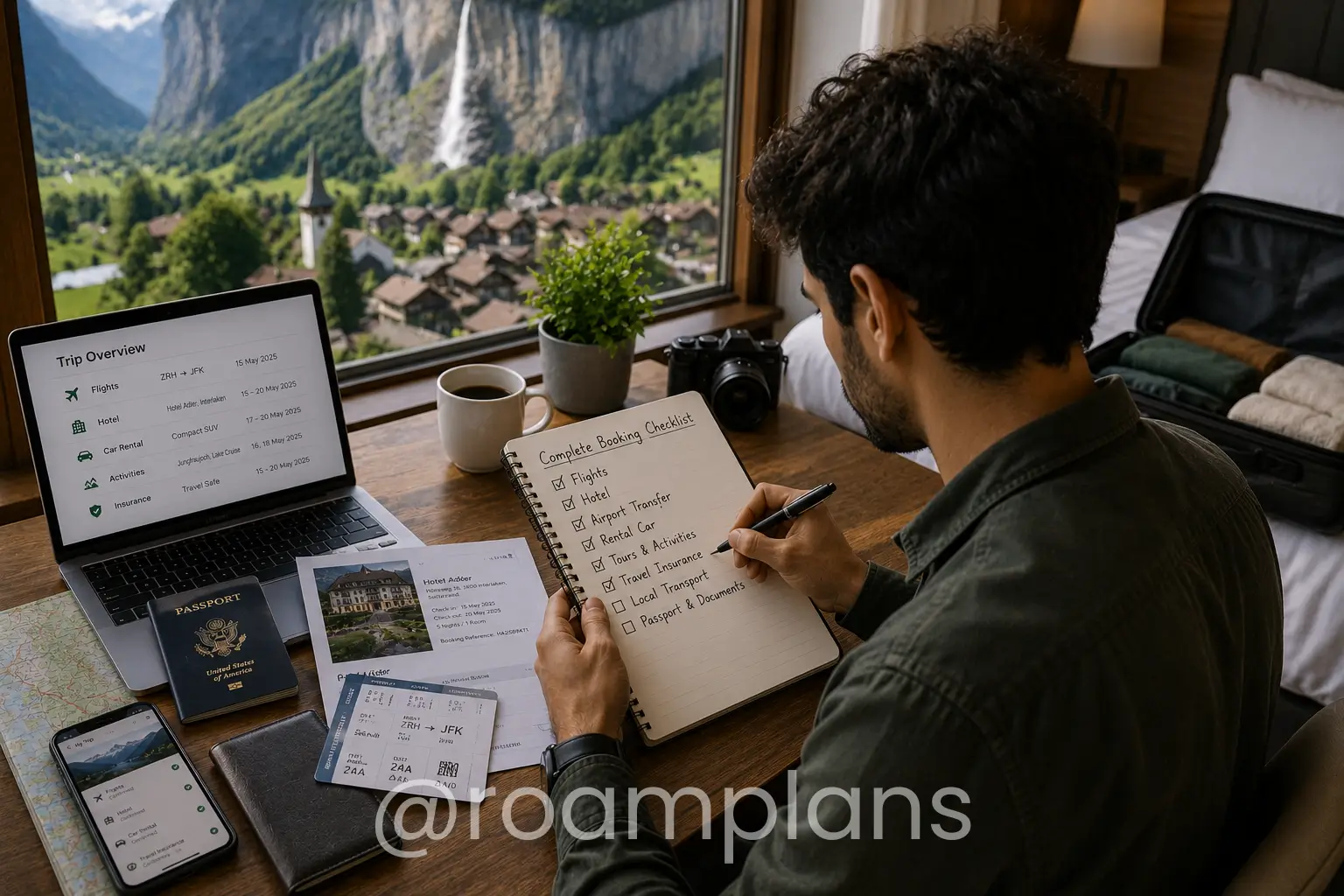 Traveler reviewing a complete trip booking checklist