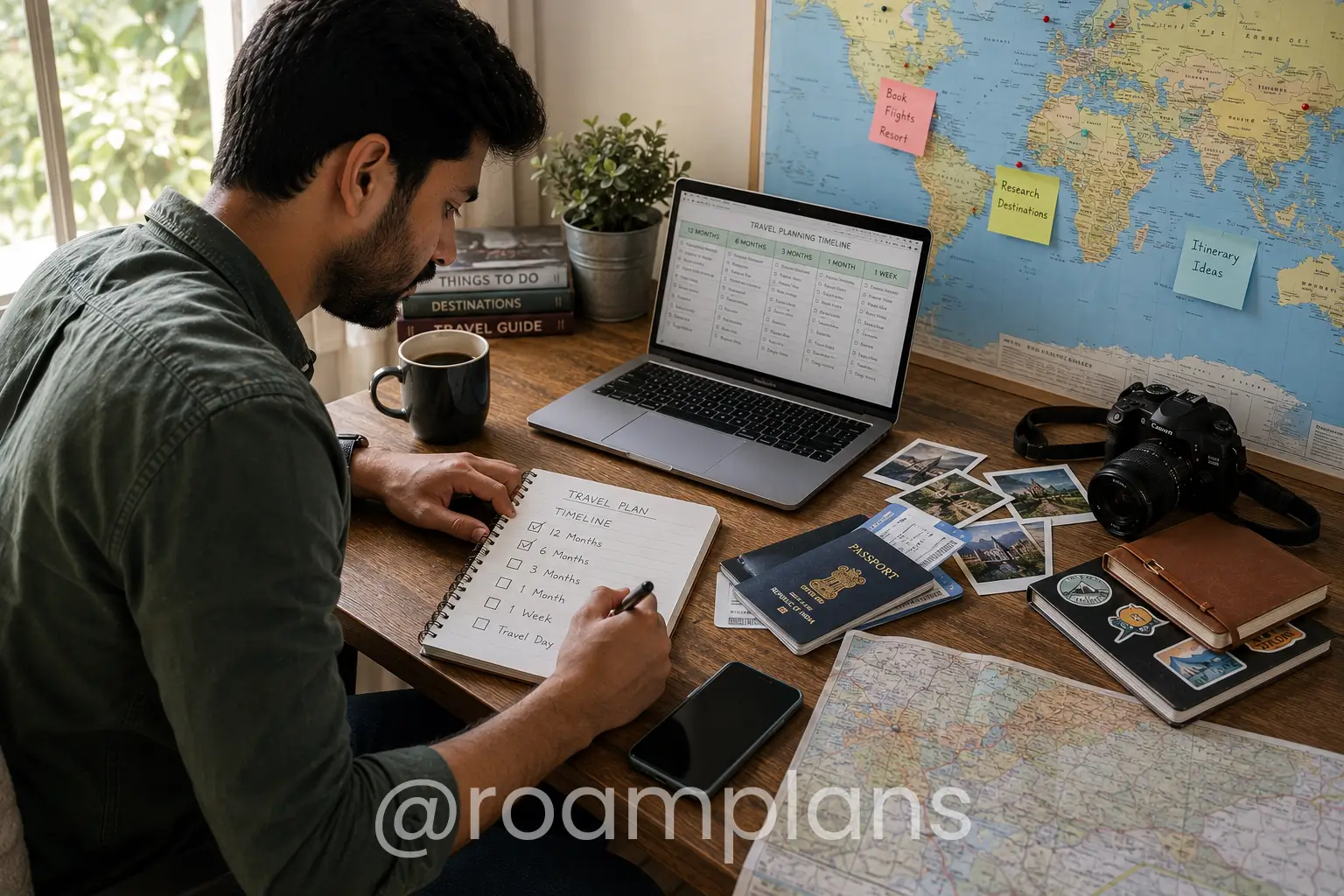 Traveler reviewing a complete trip planning timeline on a desk