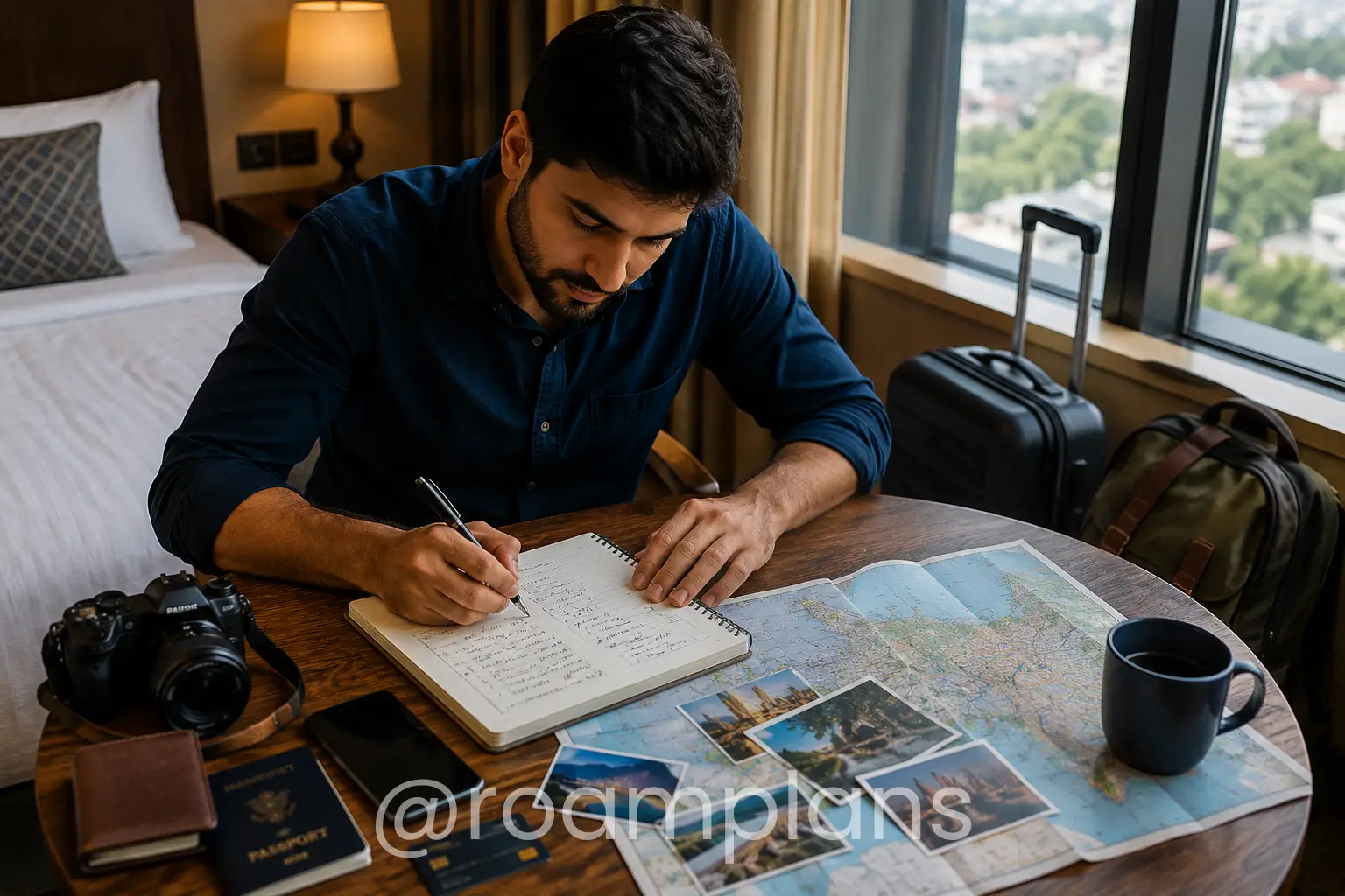 Traveler reviewing a simple daily itinerary in a hotel room