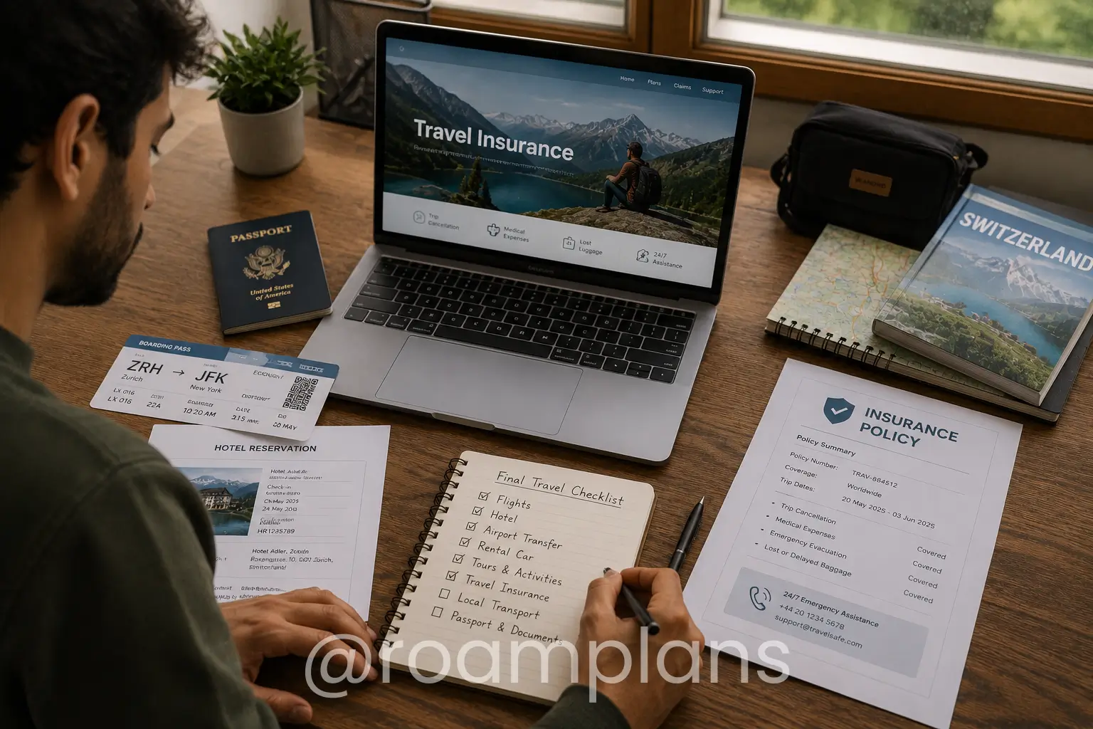 Traveler reviewing travel insurance after confirming major bookings