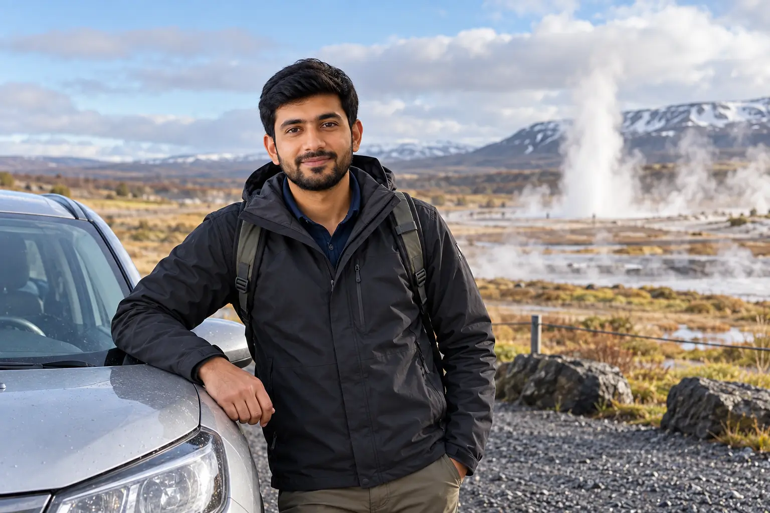 Adnan Ahmed beside a rental car on a scenic Iceland road