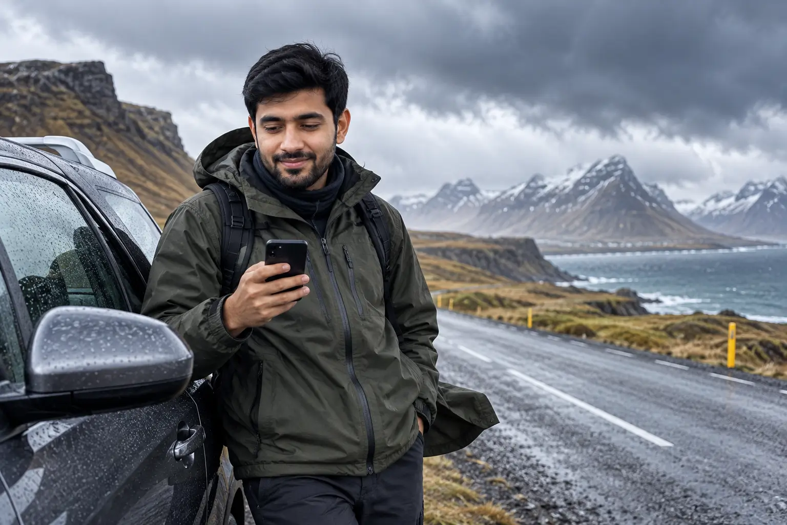 Adnan Ahmed checking difficult wind and weather beside an Iceland rental car