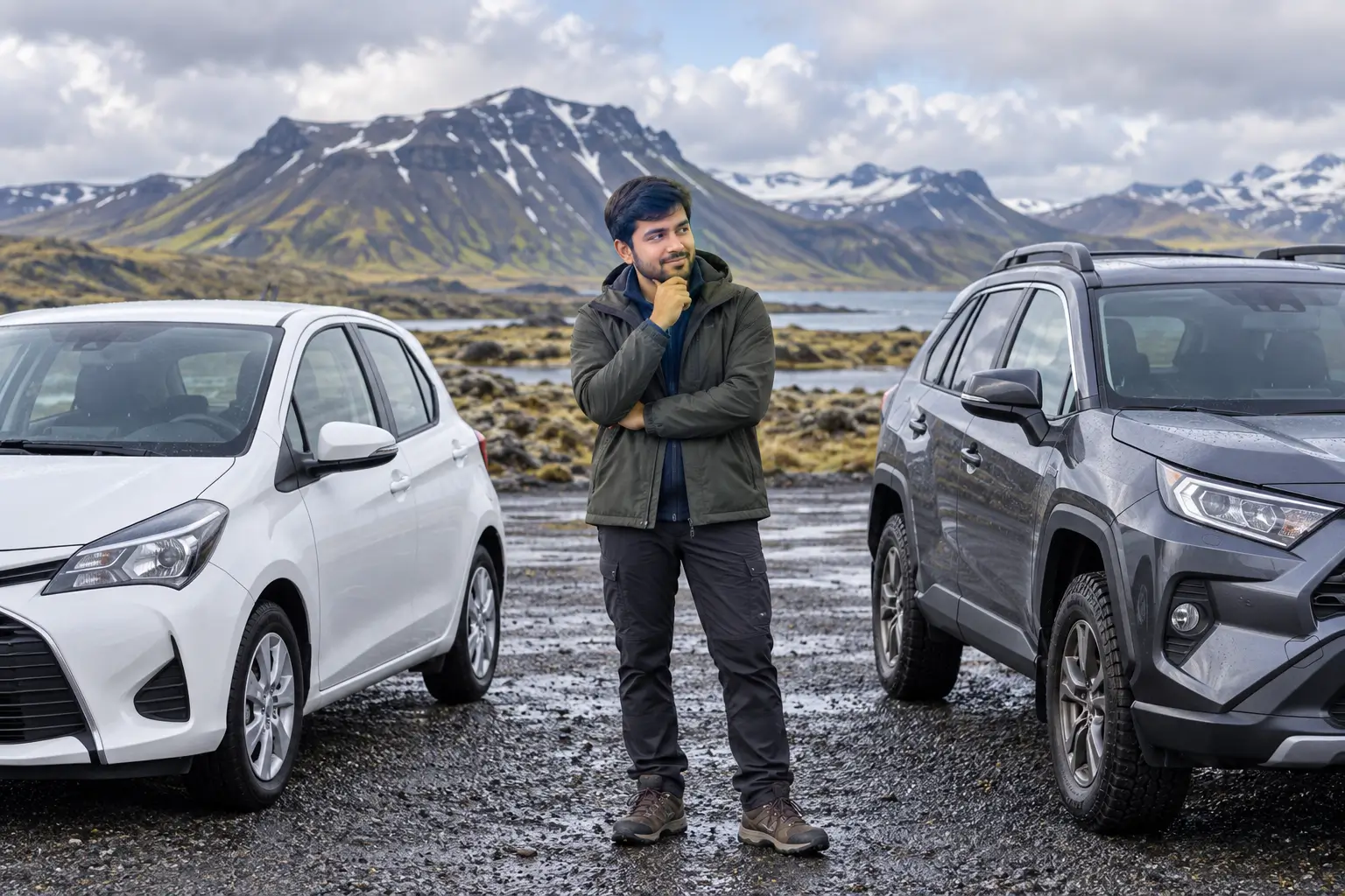 Adnan Ahmed comparing a compact 2WD and four-wheel-drive vehicle in Iceland