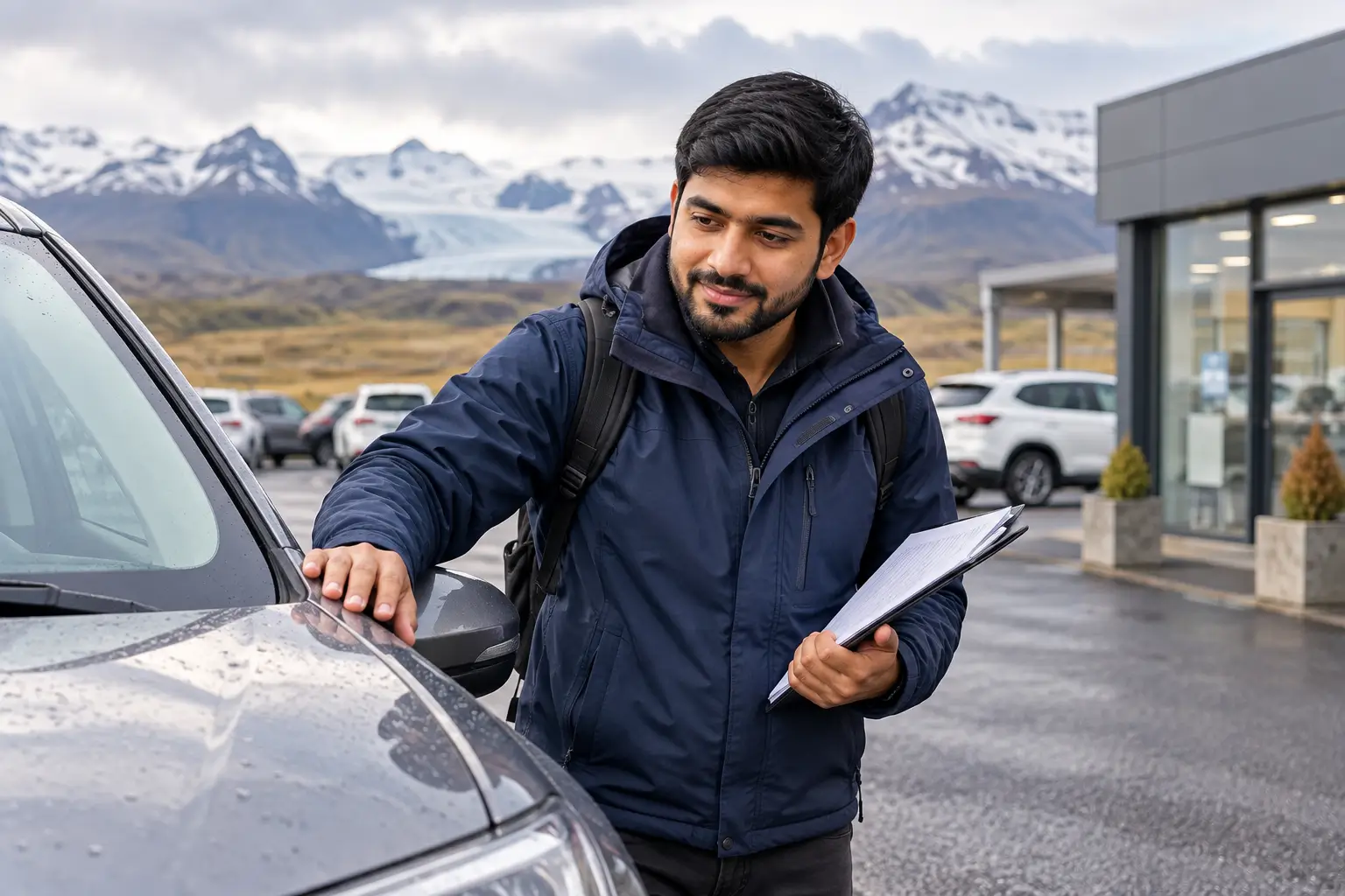 Adnan Ahmed inspecting an Iceland rental car and reviewing insurance