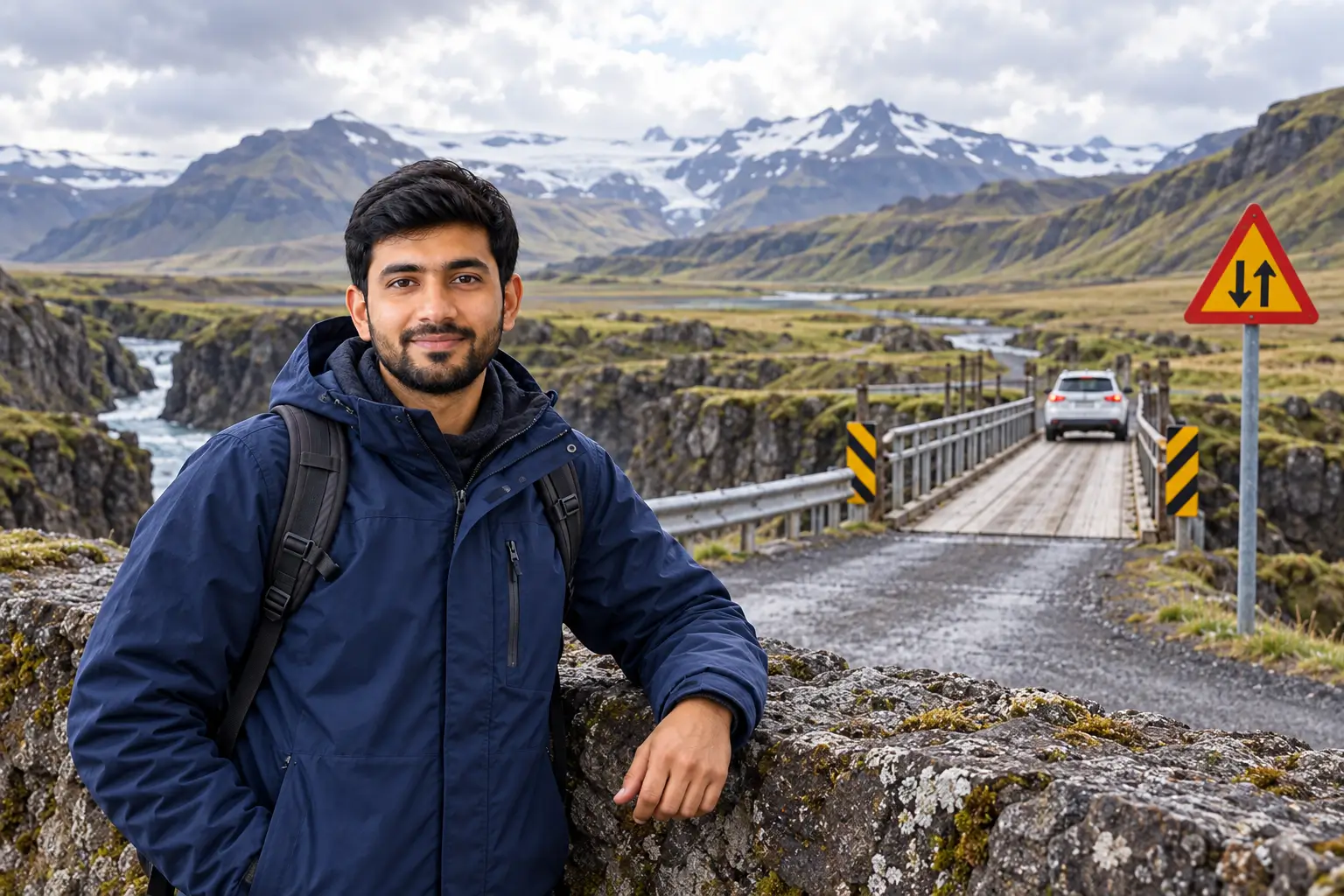 Adnan Ahmed safely observing a single-lane bridge on an Iceland road