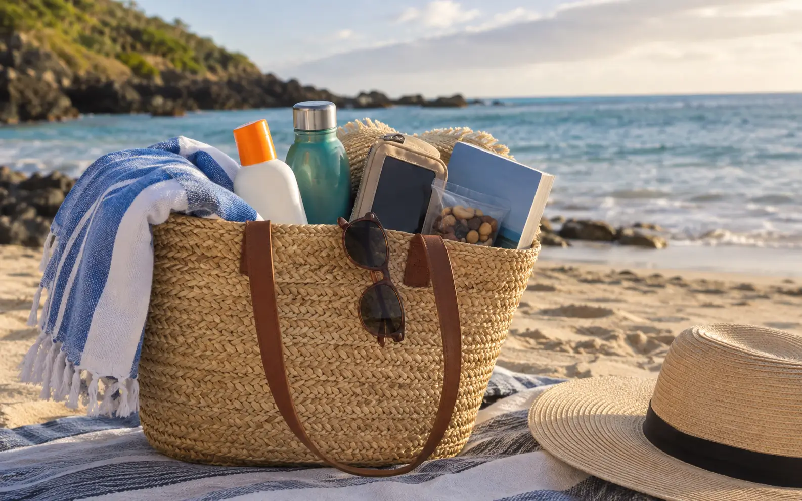 Beach bag packed with towel, sunscreen, water bottle, sunglasses, phone pouch, snacks, and book