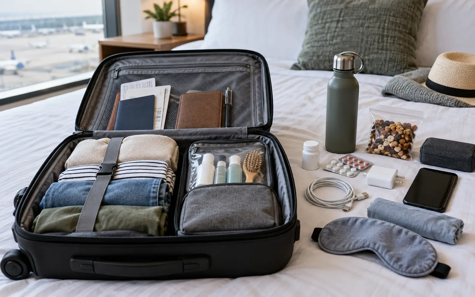 Carry-on arranged as a practical travel kit with documents, medicine, chargers, toiletries, snacks, and water bottle