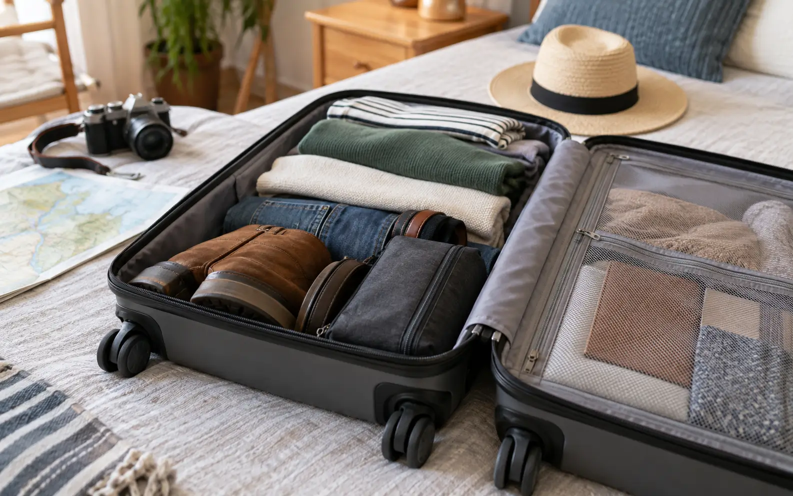 Checked suitcase organized with heavier items near the wheels and lighter clothing above