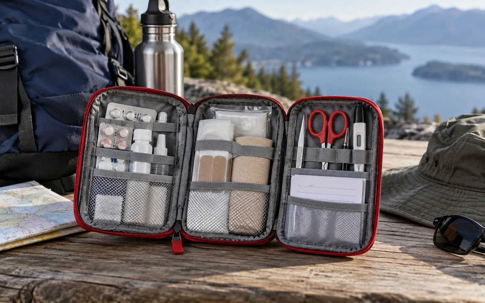 Compact travel first aid pouch organized into medicines, wound care, tools, and emergency information