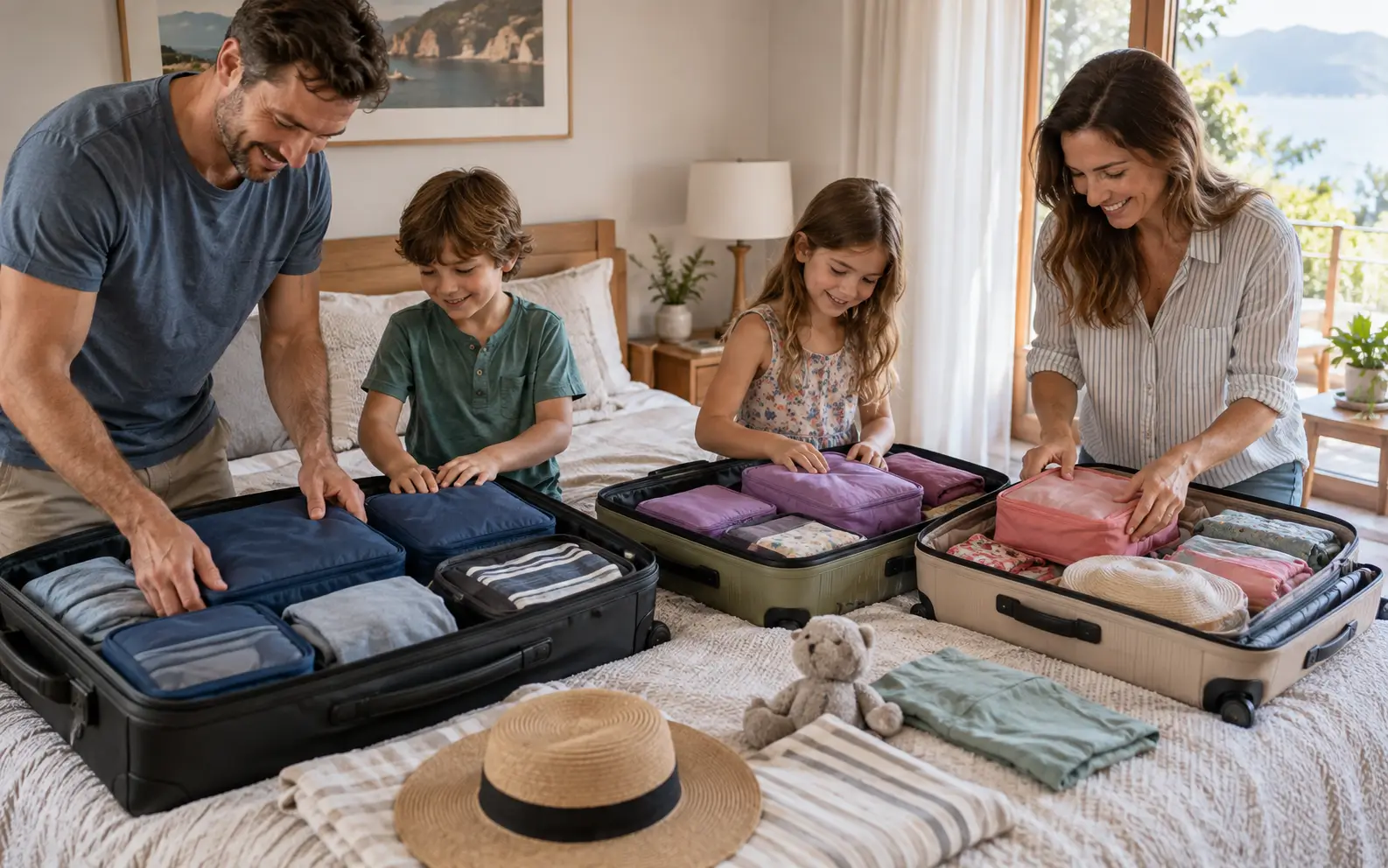 Family luggage organized with different colored packing cubes for each traveler