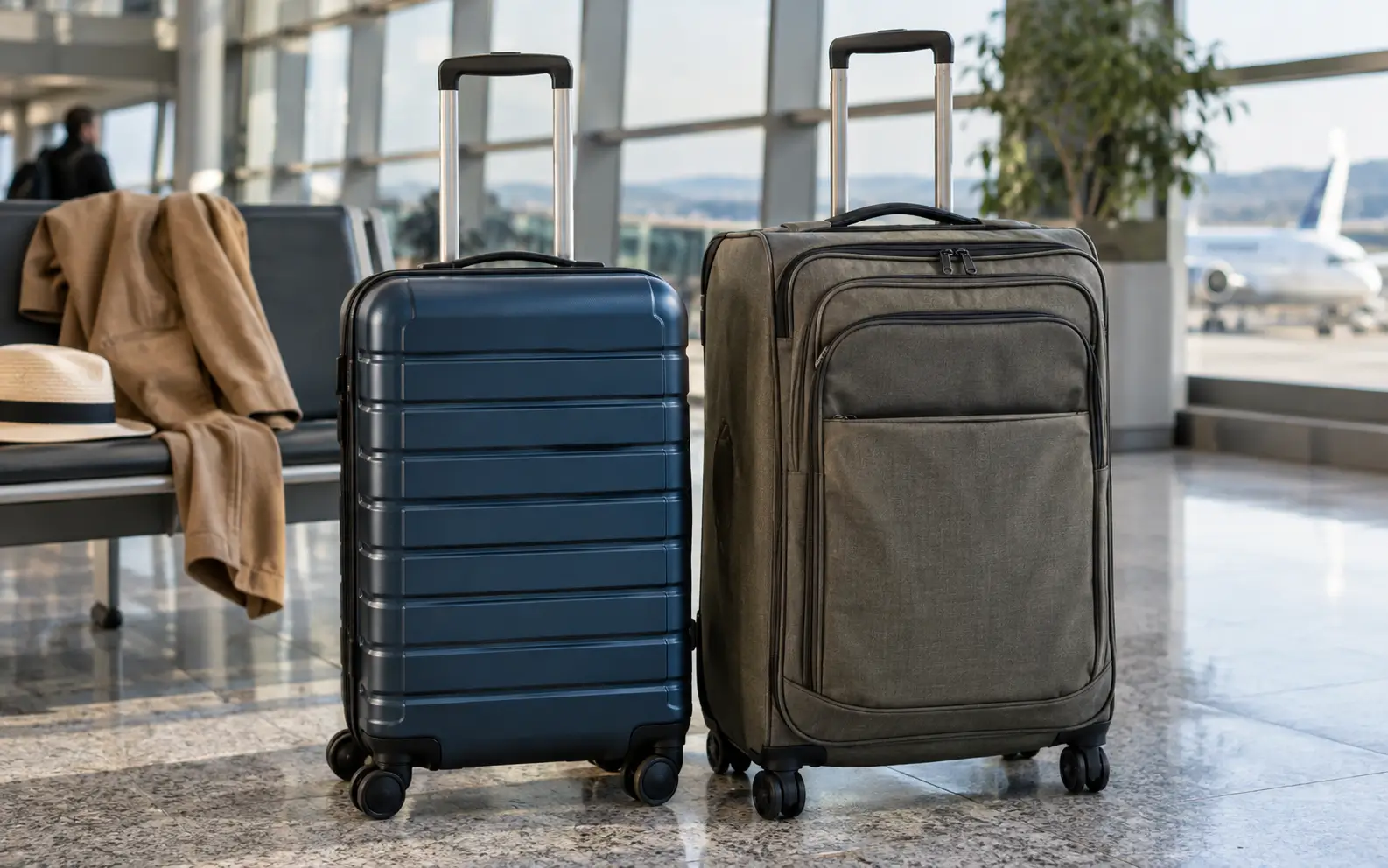 Hard-shell and soft-shell suitcases compared in a realistic travel setting