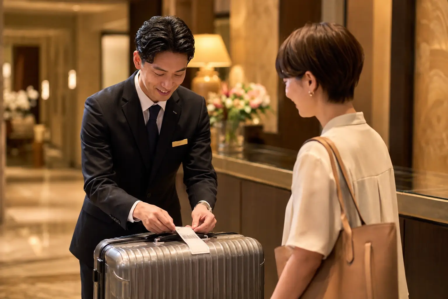 Hotel staff preparing a suitcase for Takkyubin luggage forwarding