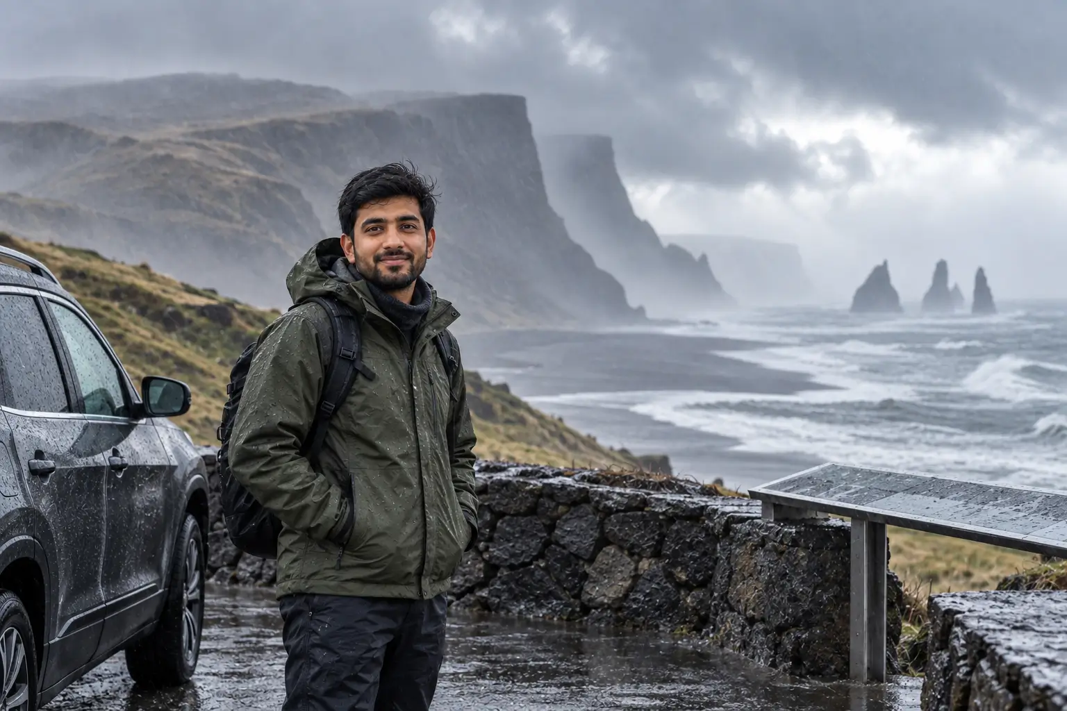Iceland road traveler facing rapidly changing wind rain and visibility