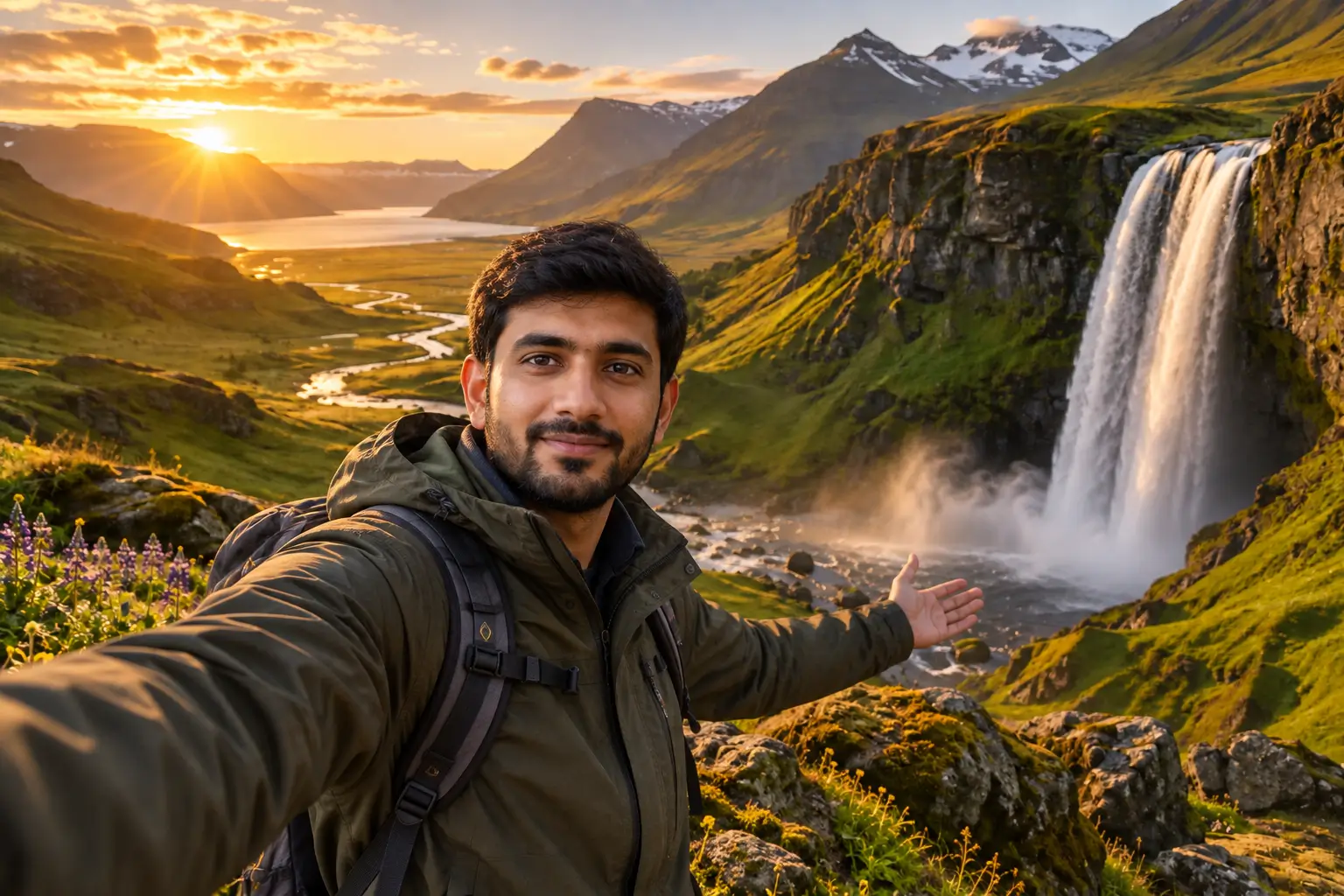 Iceland summer landscape under long golden midnight-sun light