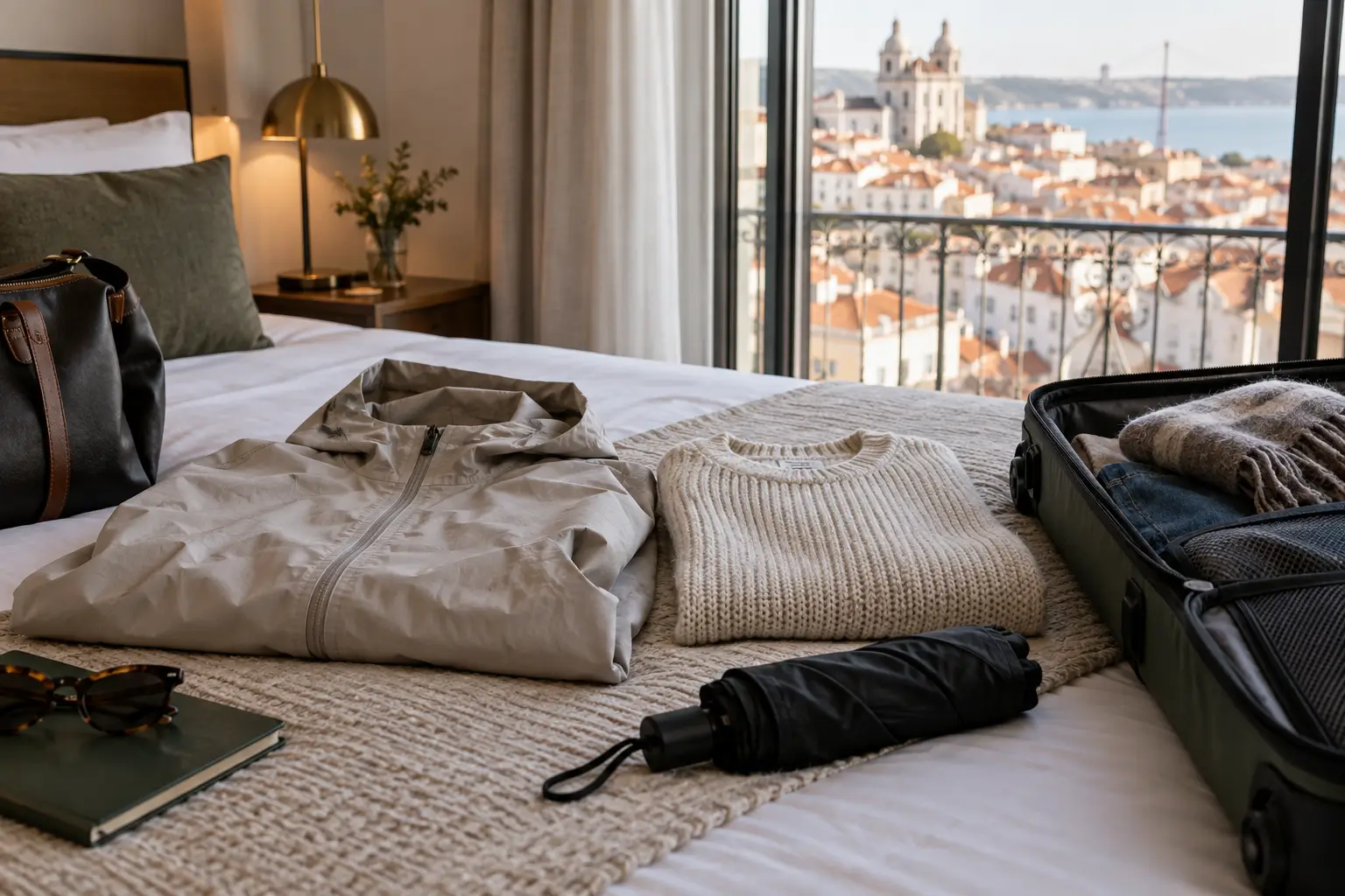 Light waterproof layers prepared for a winter city trip in Portugal