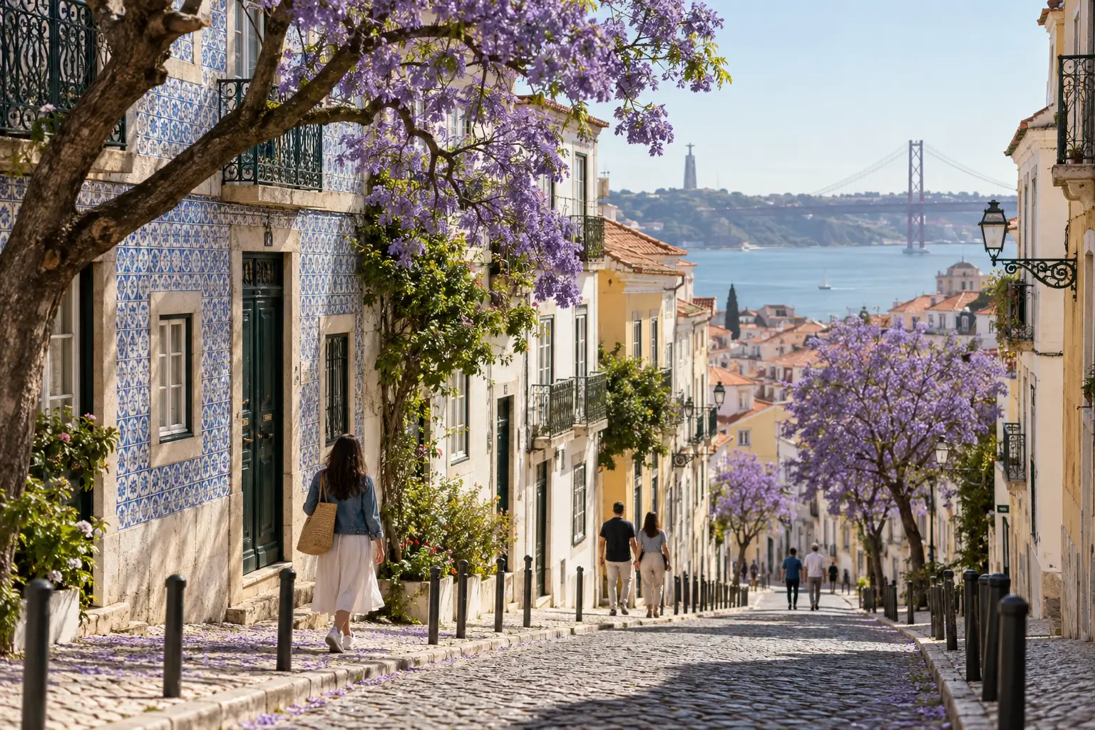 Lisbon in spring with jacaranda trees, tiled buildings and mild sunshine