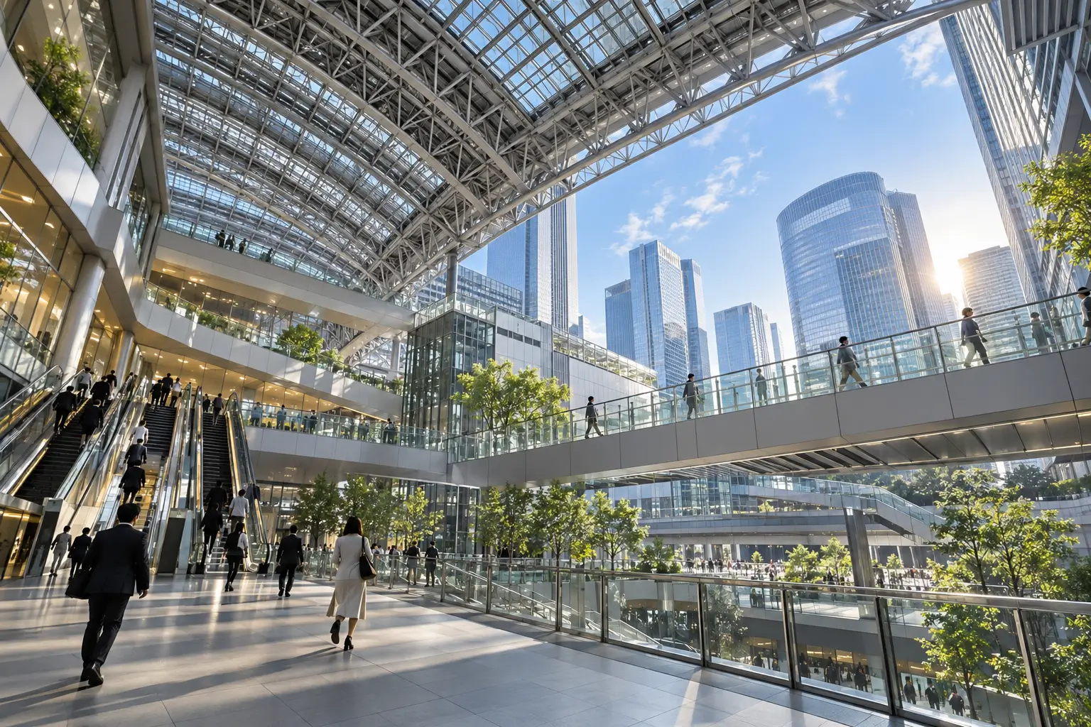 Modern Osaka Station and Umeda pedestrian architecture in daylight