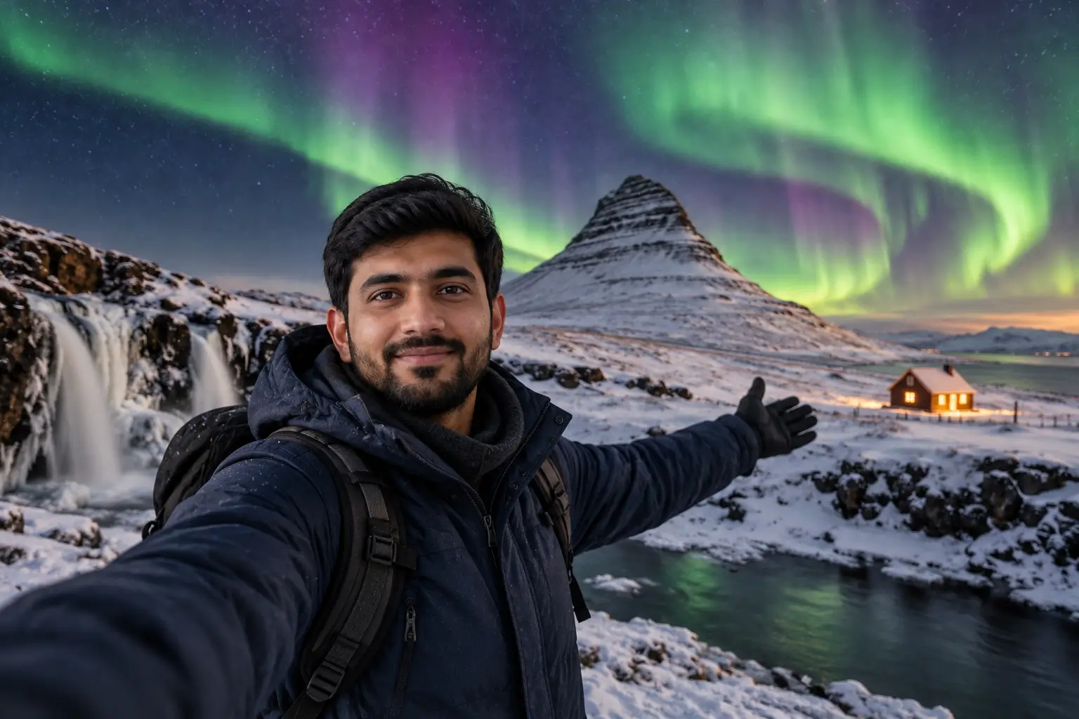 Northern Lights above a snowy Iceland landscape in winter