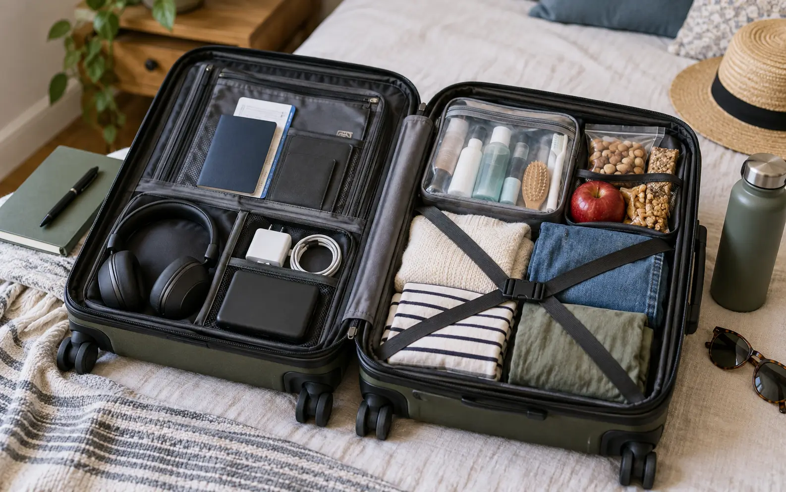 Open carry-on bag organized into documents, electronics, toiletries, snacks, and clothing