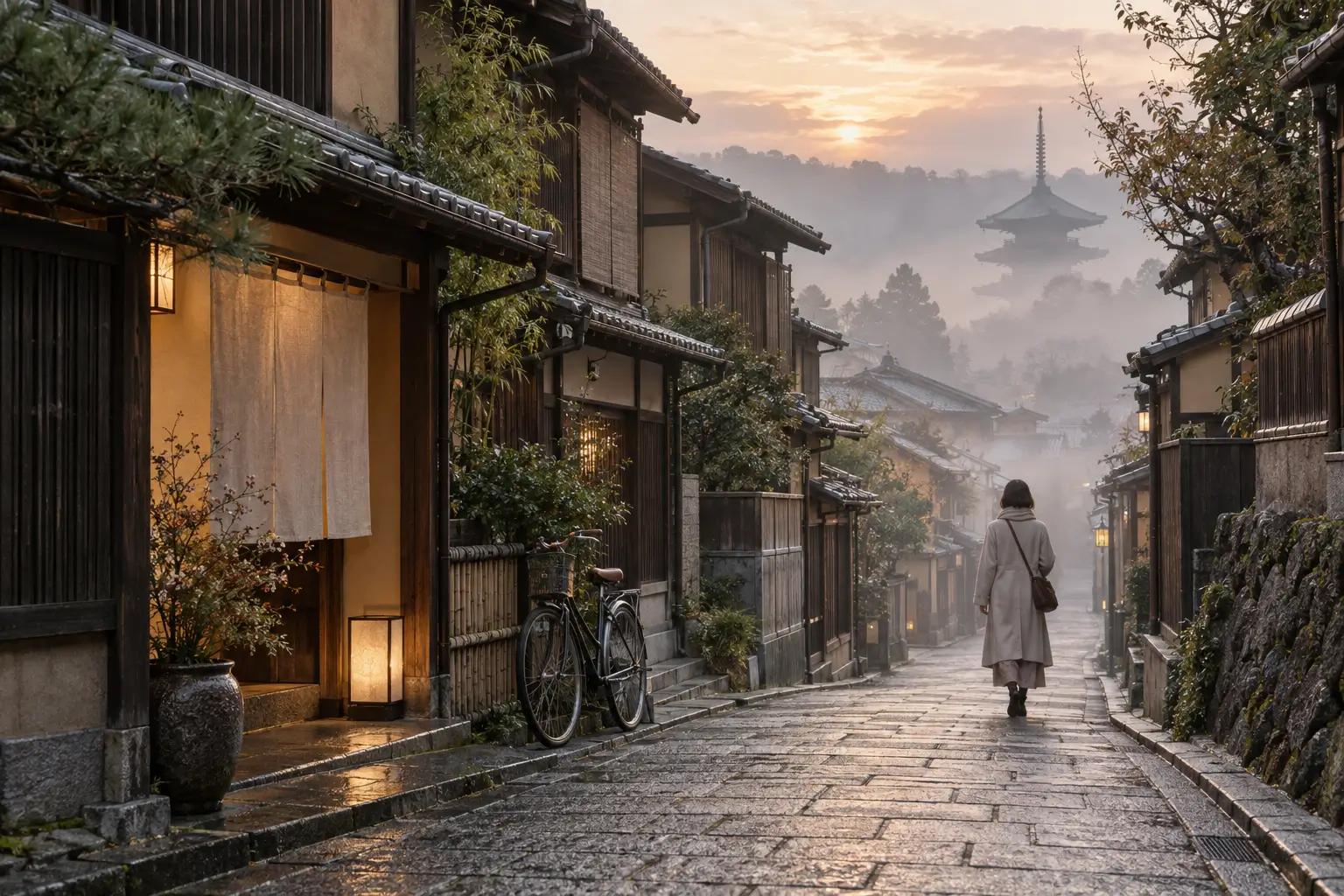 Quiet Kyoto machiya street and ryokan entrance in the early morning