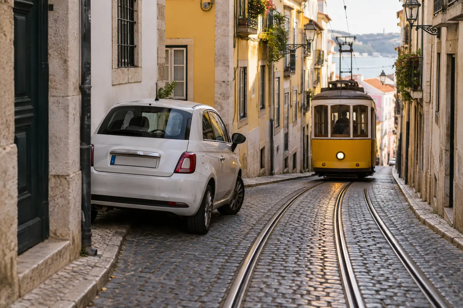 Rental car parked outside a narrow historic Portuguese city centre
