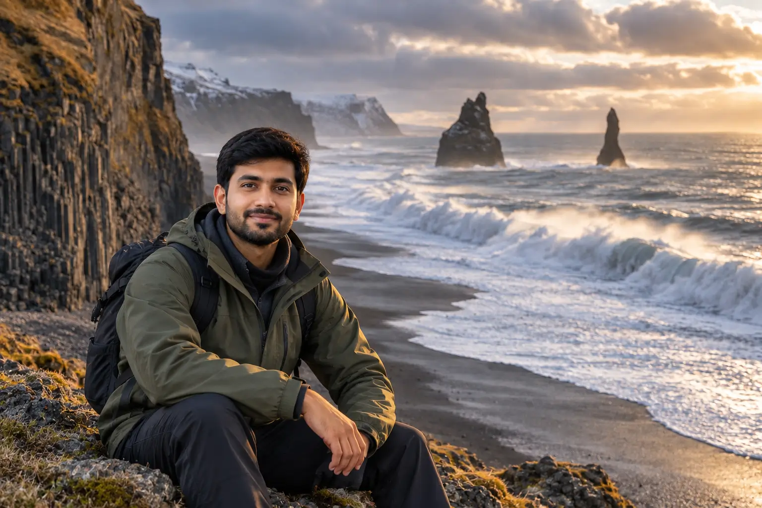 Reynisfjara black sand beach viewed from a safe distance in Iceland